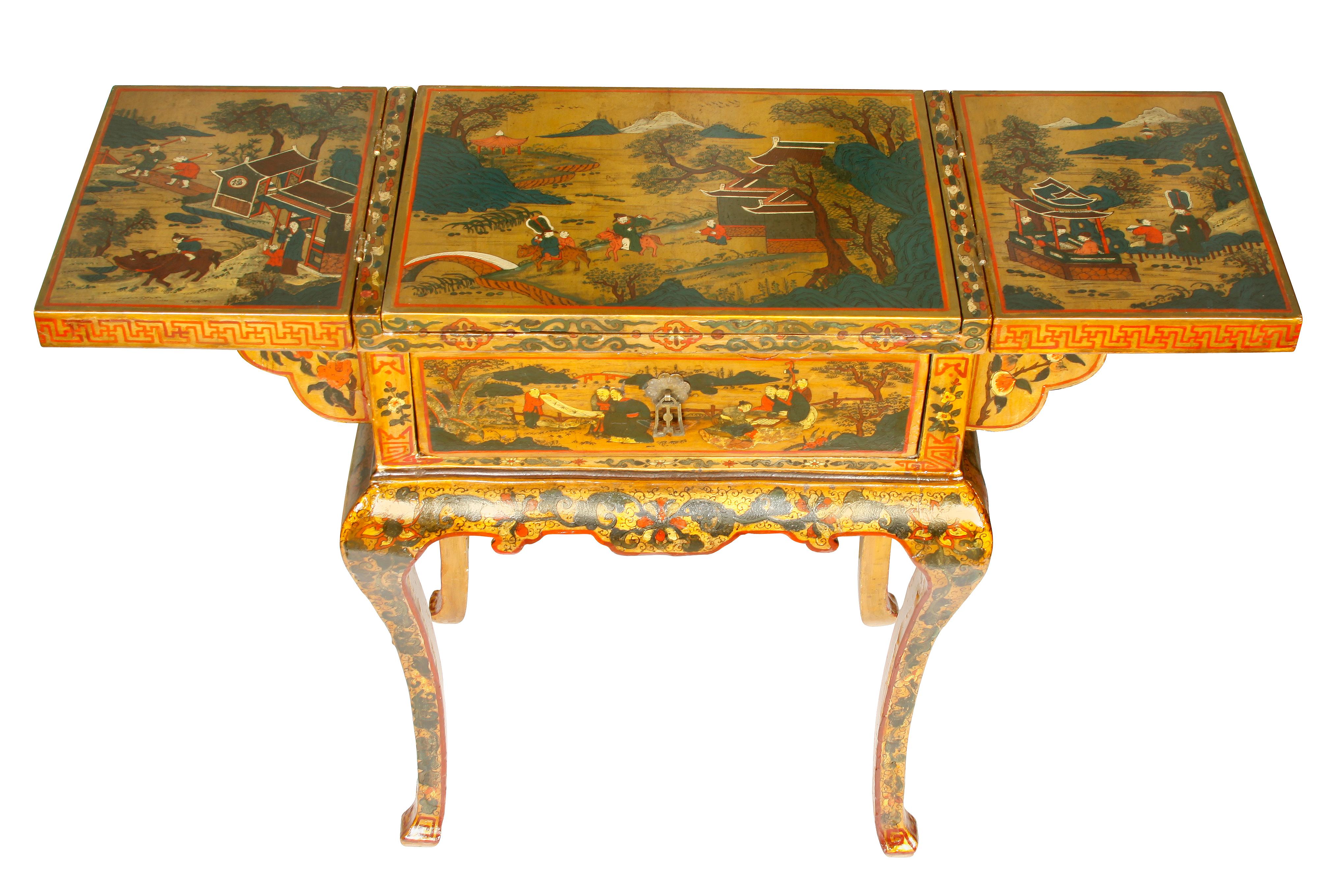 Antique chinoiserie dressing table with folding sides and hinged mirror. When closed measures 16.75