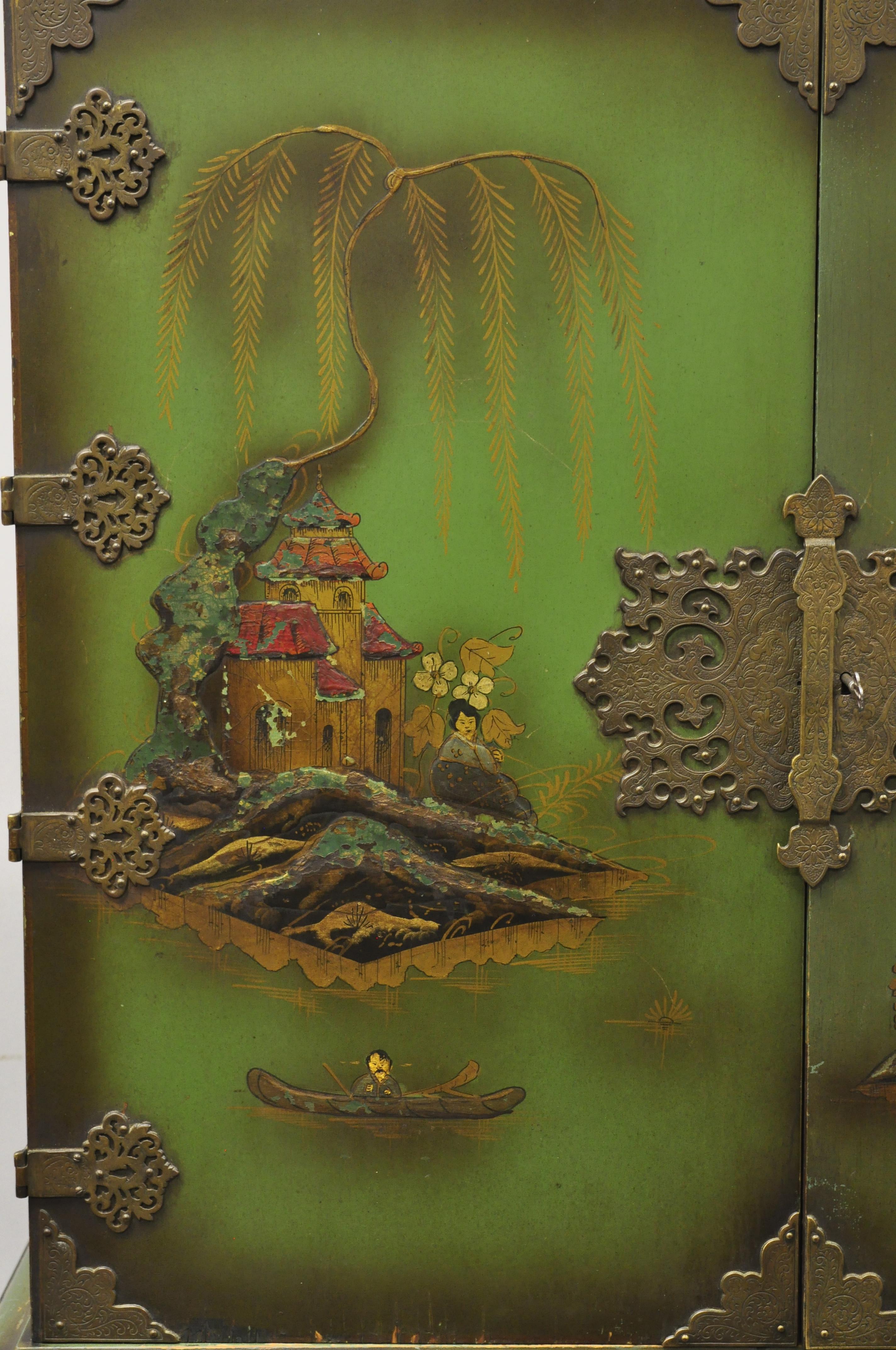 Antique Chinoiserie English Georgian Green Figural Orientalist Painted Cabinet 3