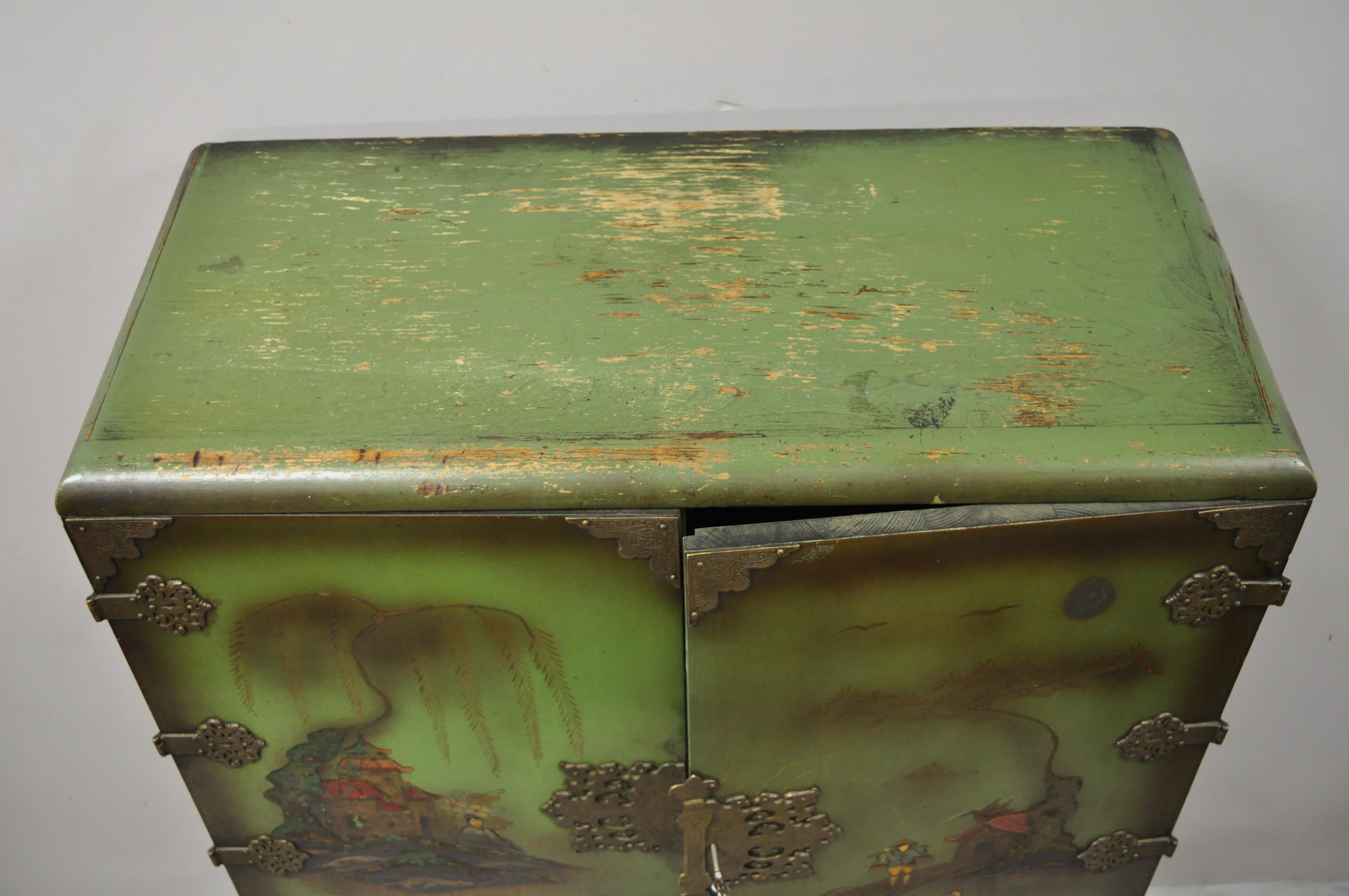 North American Antique Chinoiserie English Georgian Green Figural Orientalist Painted Cabinet