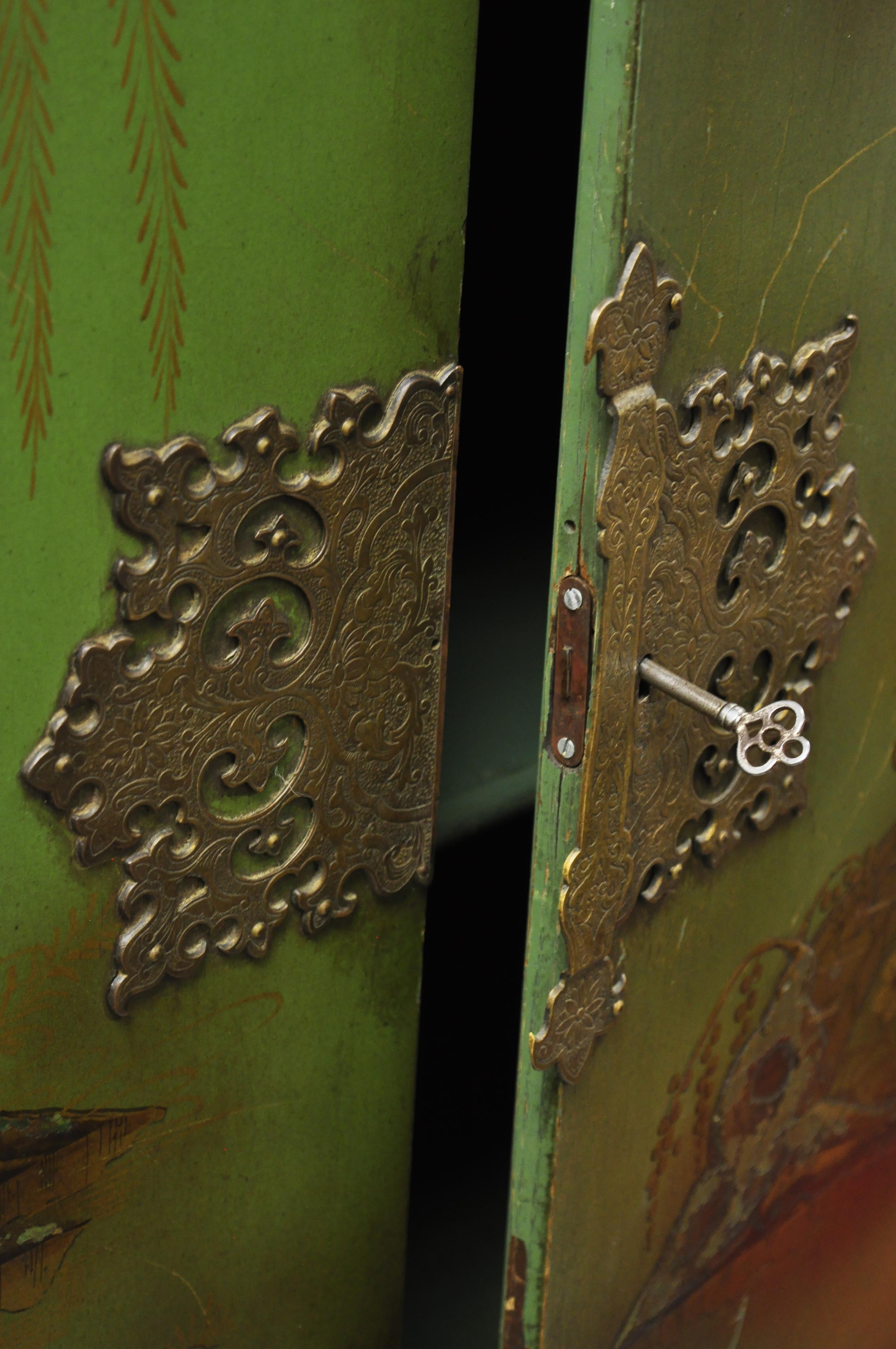 Walnut Antique Chinoiserie English Georgian Green Figural Orientalist Painted Cabinet