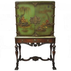 Antique Cabinet peint Chinoiserie Anglais Géorgien Vert Figuratif Orientalist