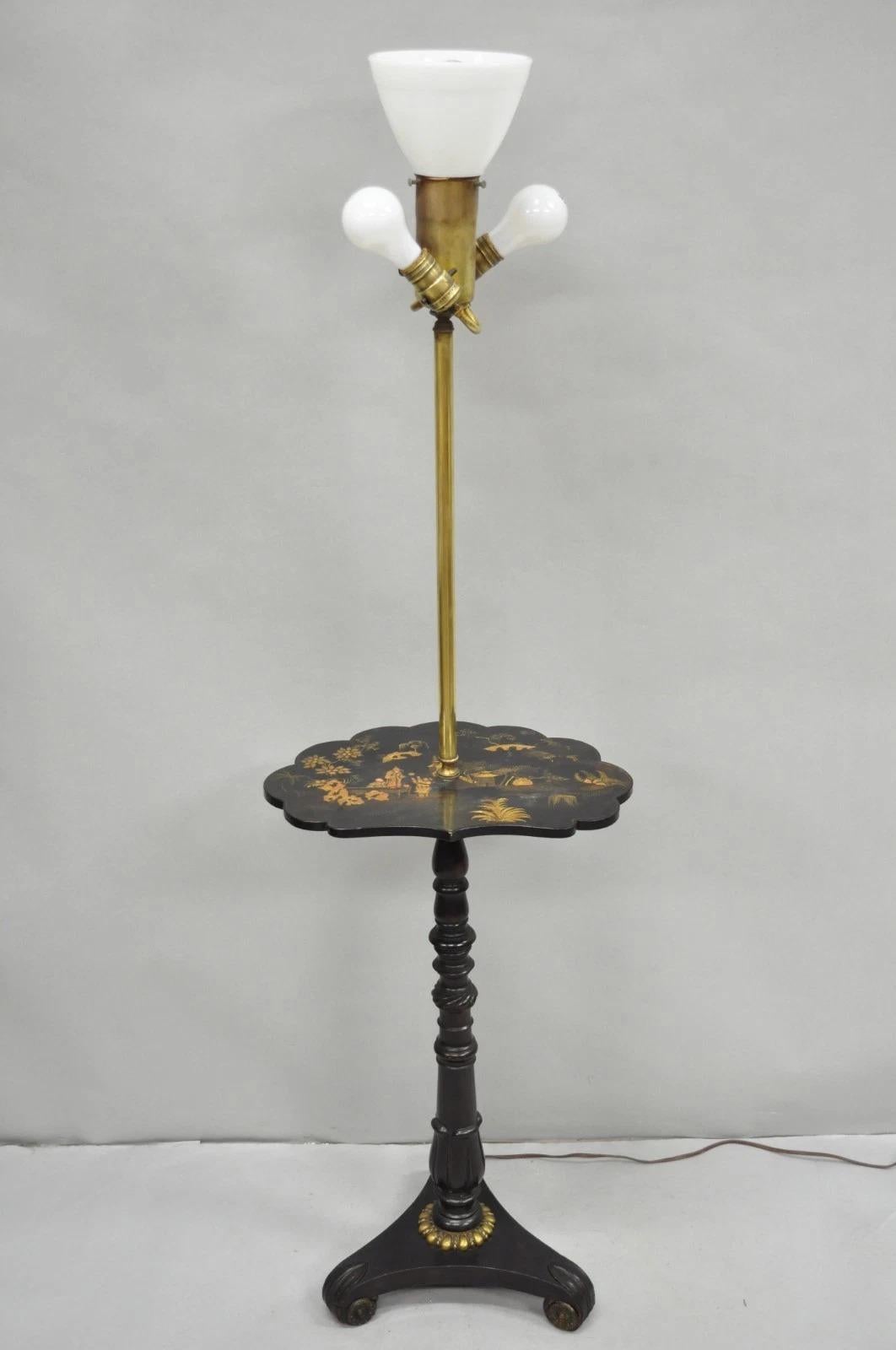 Ancienne Chinoiserie English Regency Black Lacquer Carved Wood Floor Lamp Table en vente 8