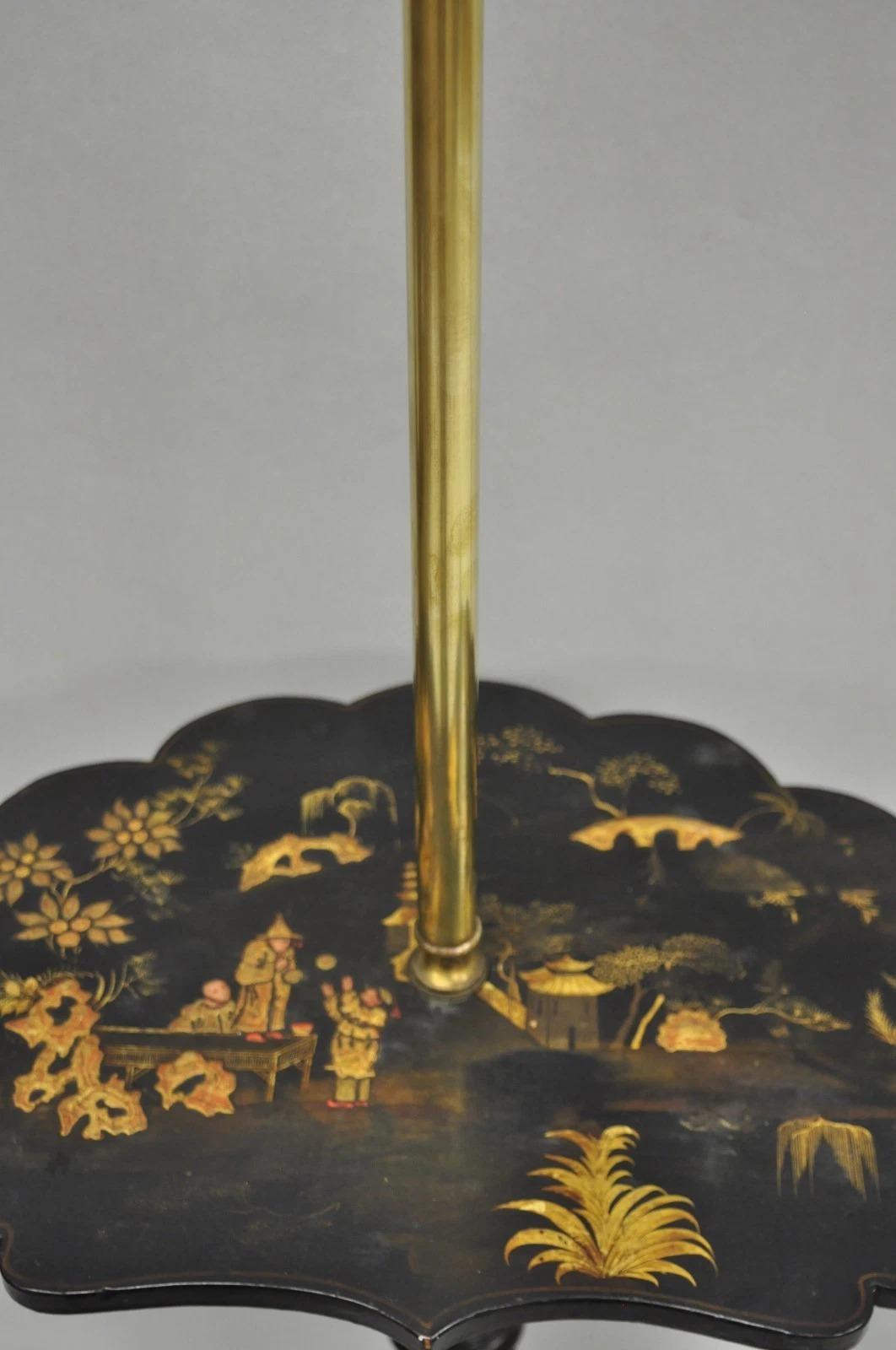 Ancienne Chinoiserie English Regency Black Lacquer Carved Wood Floor Lamp Table en vente 2