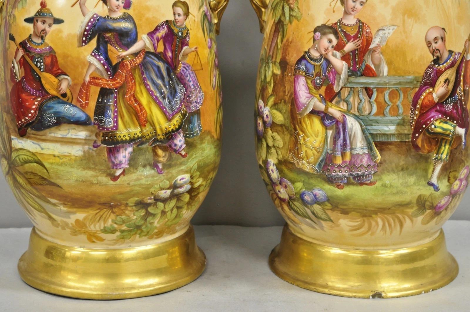 Antique Chinoiserie French Porcelain Hand Painted Orientalist Large Vases - Pair For Sale 6