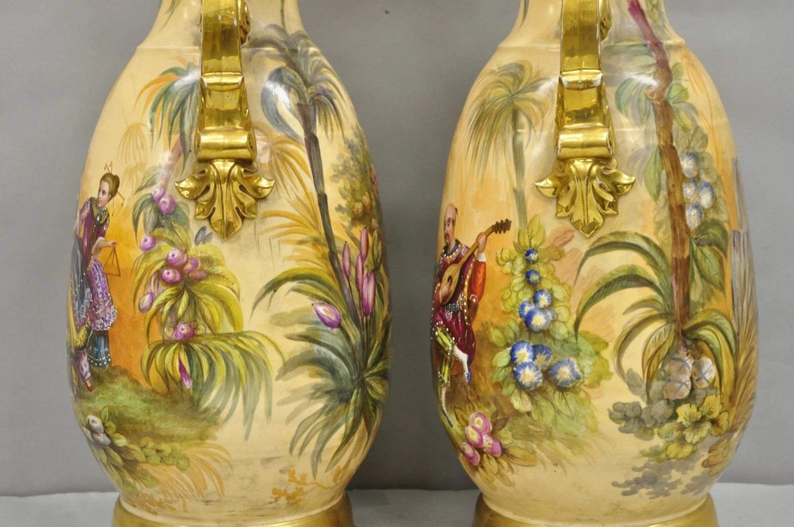 Antique Chinoiserie French Porcelain Hand Painted Orientalist Large Vases - Pair For Sale 10