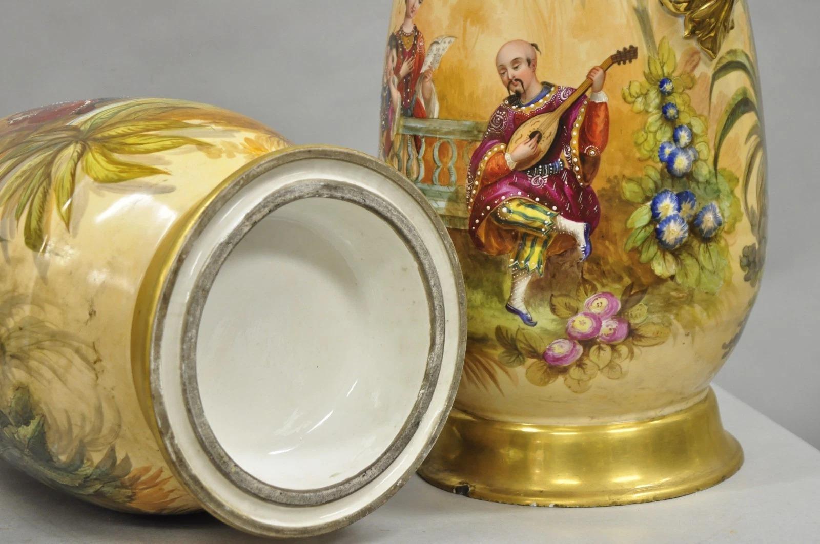 Antique Chinoiserie French Porcelain Hand Painted Orientalist Large Vases - Pair For Sale 12