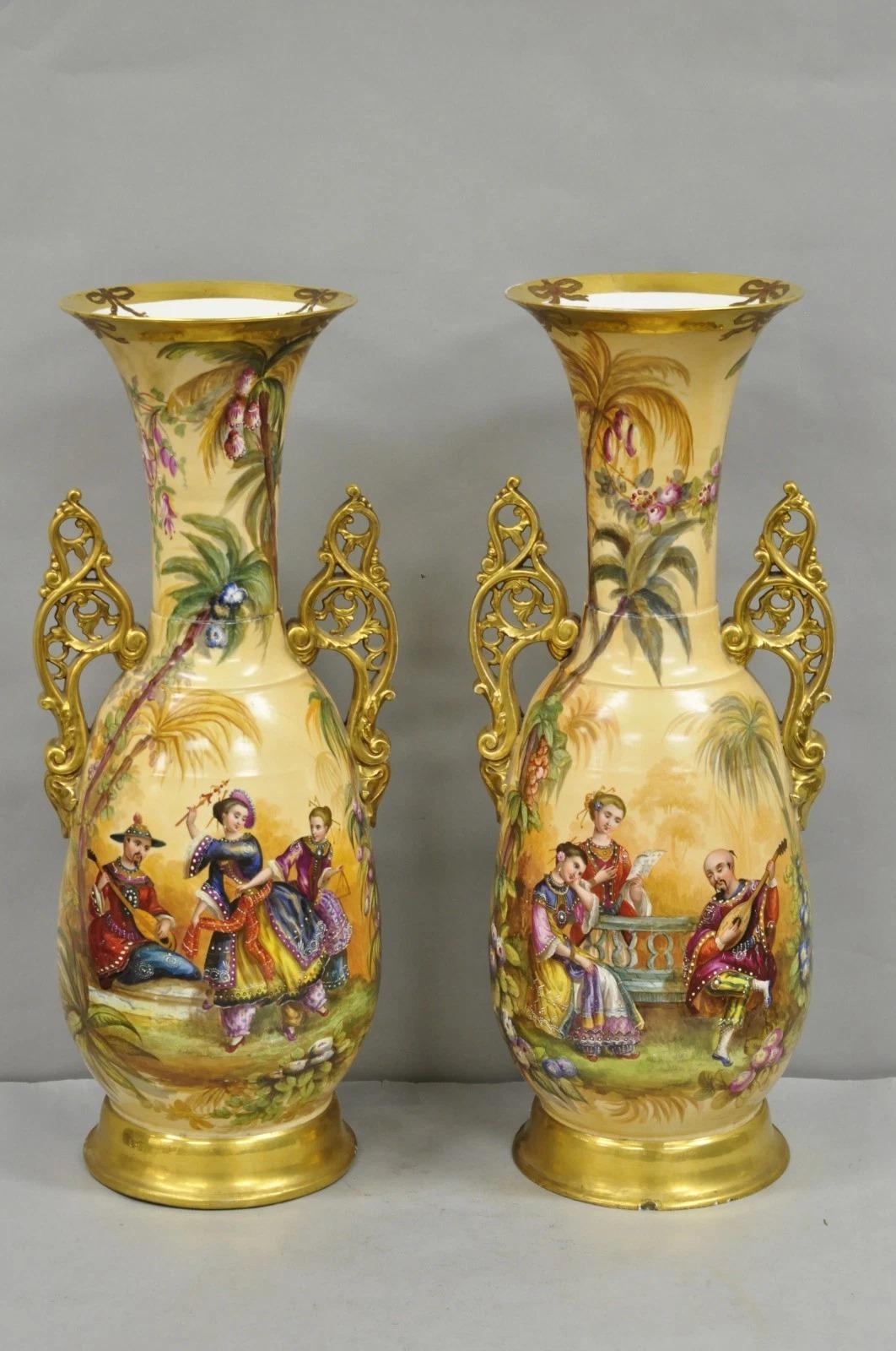 Antique Chinoiserie French Porcelain Hand Painted Orientalist Large Vases - Pair For Sale 13