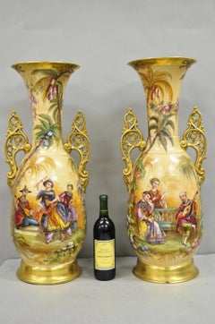 Antique Chinoiserie French Porcelain Hand Painted Orientalist Large Vases - Pair