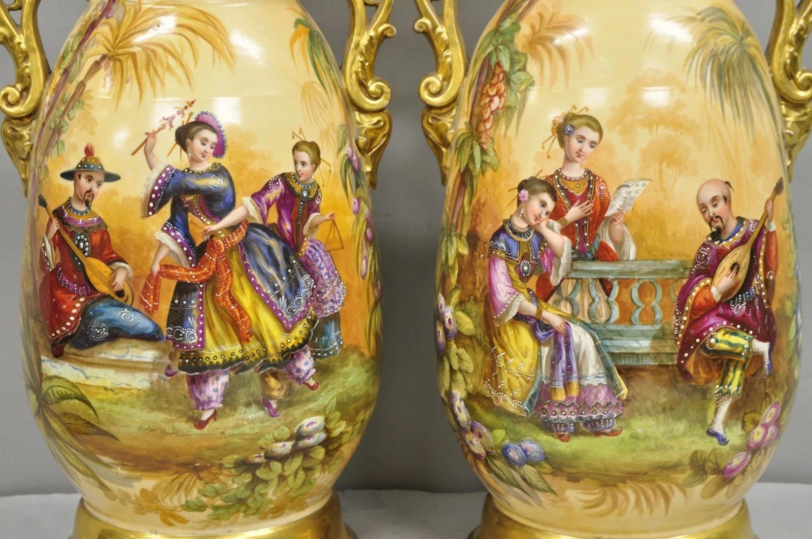Unknown Antique Chinoiserie French Porcelain Hand Painted Orientalist Large Vases - Pair For Sale