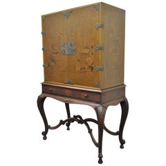Antique Chinoiserie George III Style Hand-Painted Highboy Chest Cabinet Cupboard
