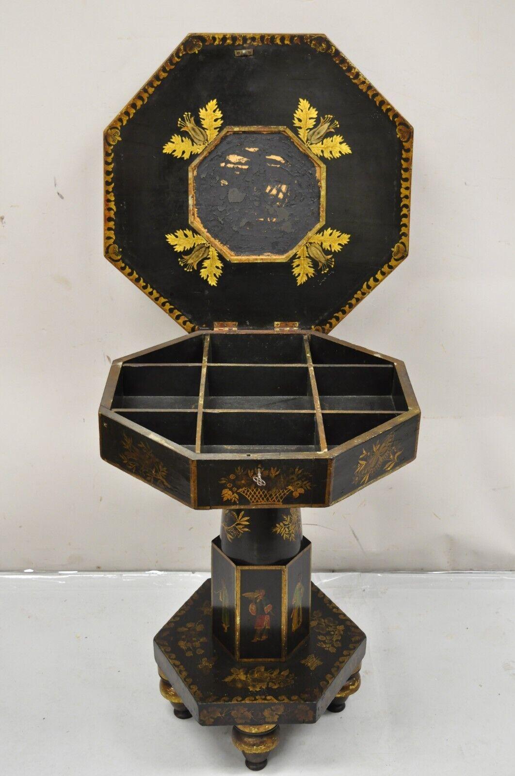 Antique Chinoiserie Gold Gilt Hand Painted Pedestal Base Sewing Box Stand Table For Sale 5