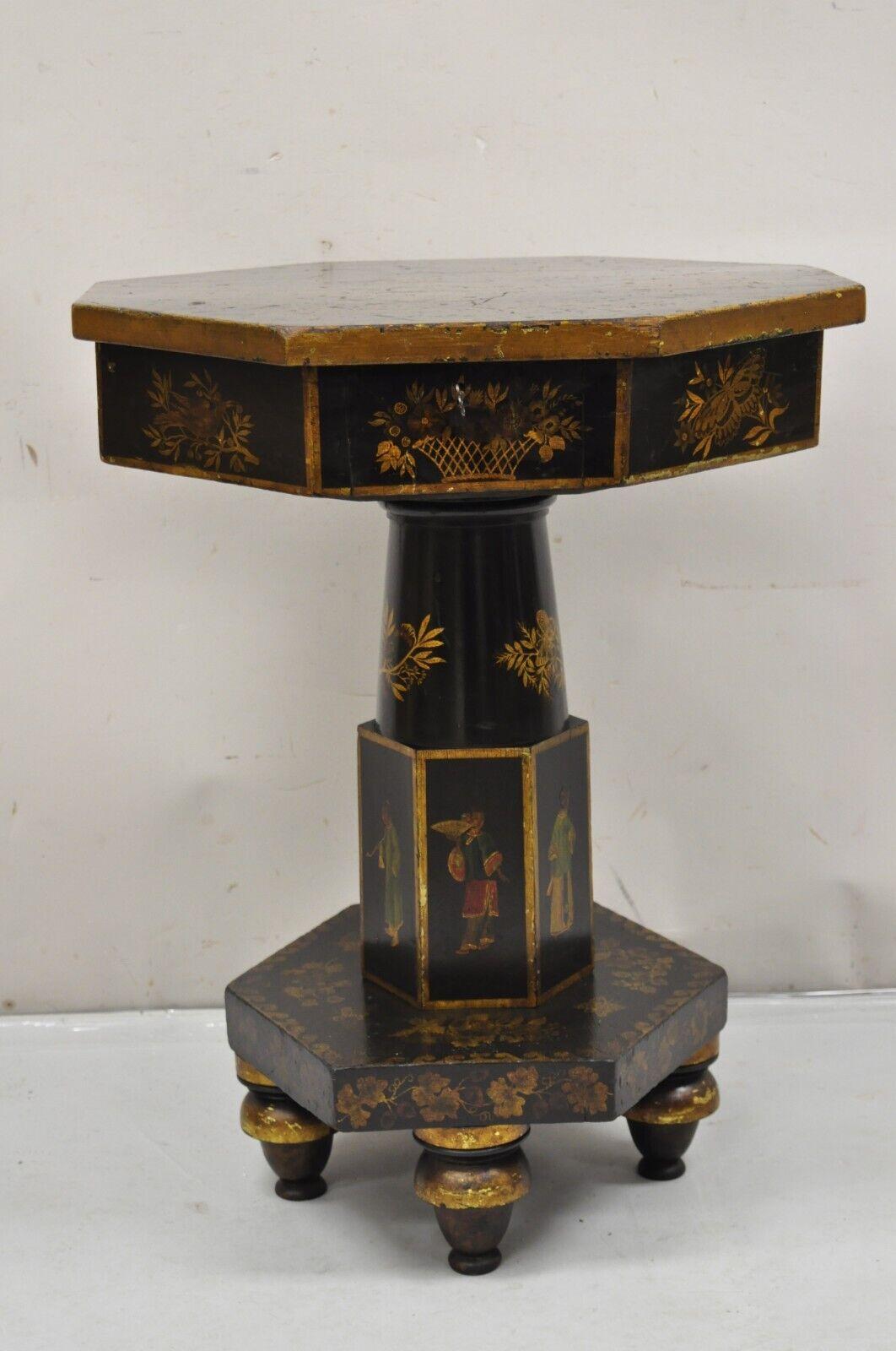 Antique Chinoiserie Gold Gilt Hand Painted Pedestal Base Sewing Box Stand Table For Sale 7
