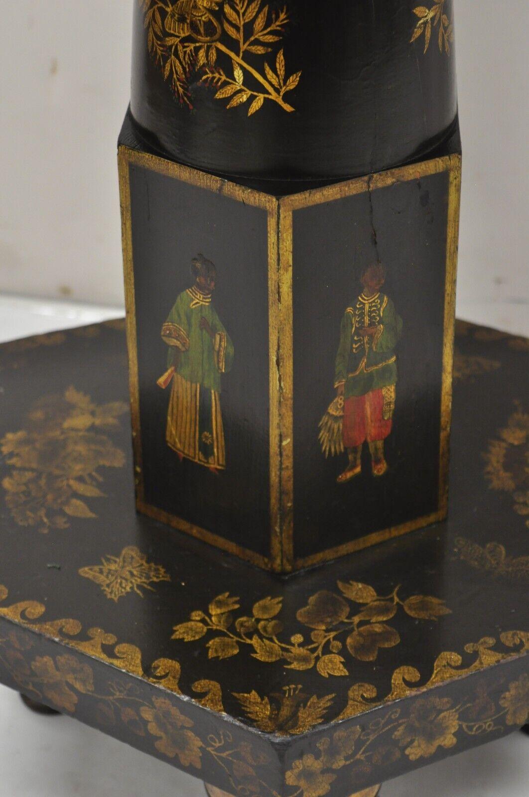 Wood Antique Chinoiserie Gold Gilt Hand Painted Pedestal Base Sewing Box Stand Table For Sale