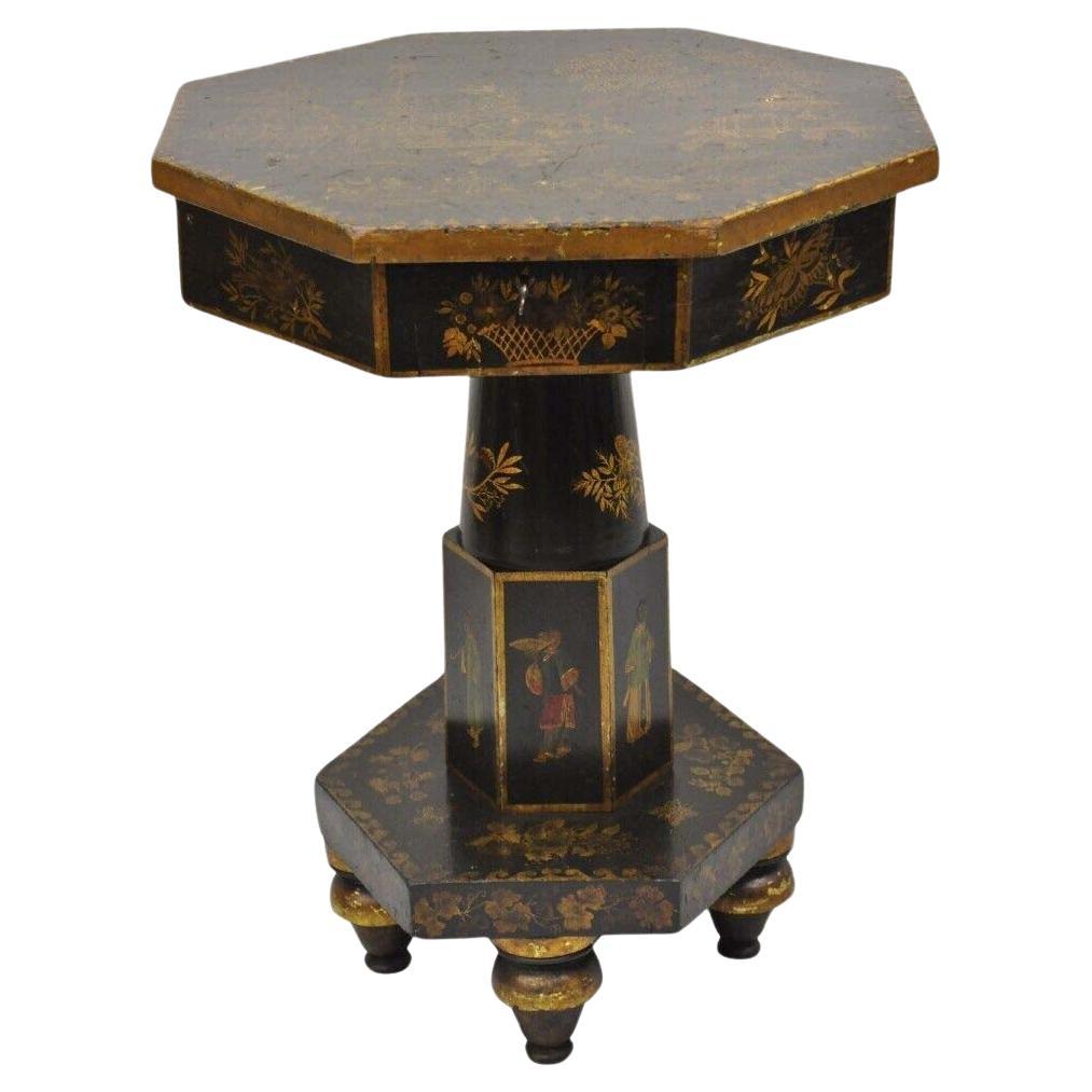 Antique Chinoiserie Gold Gilt Hand Painted Pedestal Base Sewing Box Stand Table For Sale