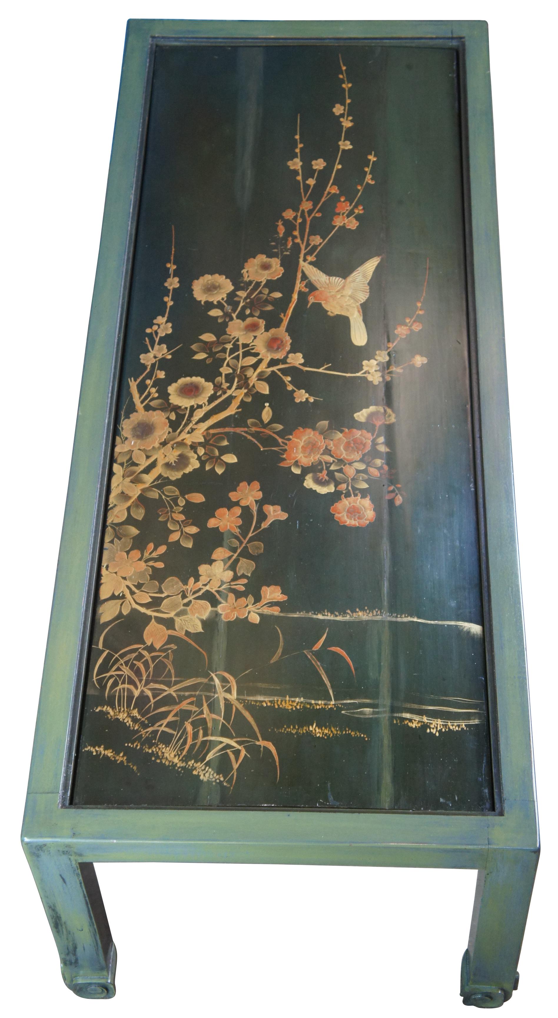 Antique Chinoiserie Green Lacquer Panel Glass Coffee Table Gilded Floral Bird In Good Condition In Dayton, OH