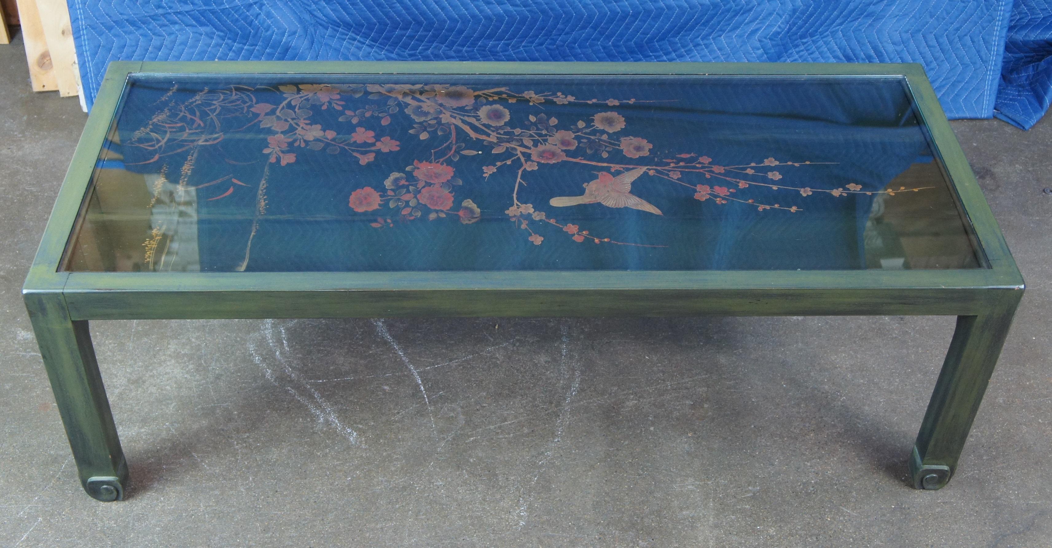 20th Century Antique Chinoiserie Green Lacquer Panel Glass Coffee Table Gilded Floral Bird
