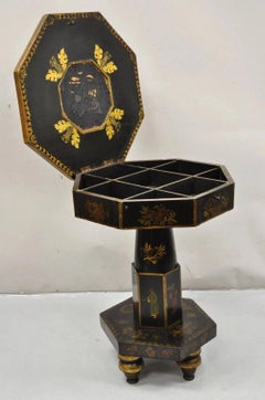 Antique Chinoiserie Hand Painted Pedestal Base Oriental Sewing Stand Side Table