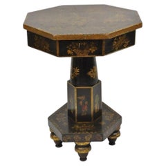 Antique Chinoiserie Hand Painted Pedestal Base Oriental Sewing Stand Side Table