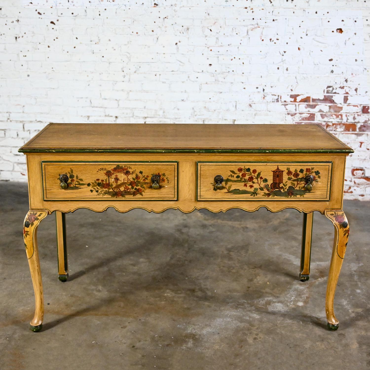 North American Antique Chinoiserie Hunt Style Buffet Sideboard Server Hand Painted Cabriole Leg For Sale