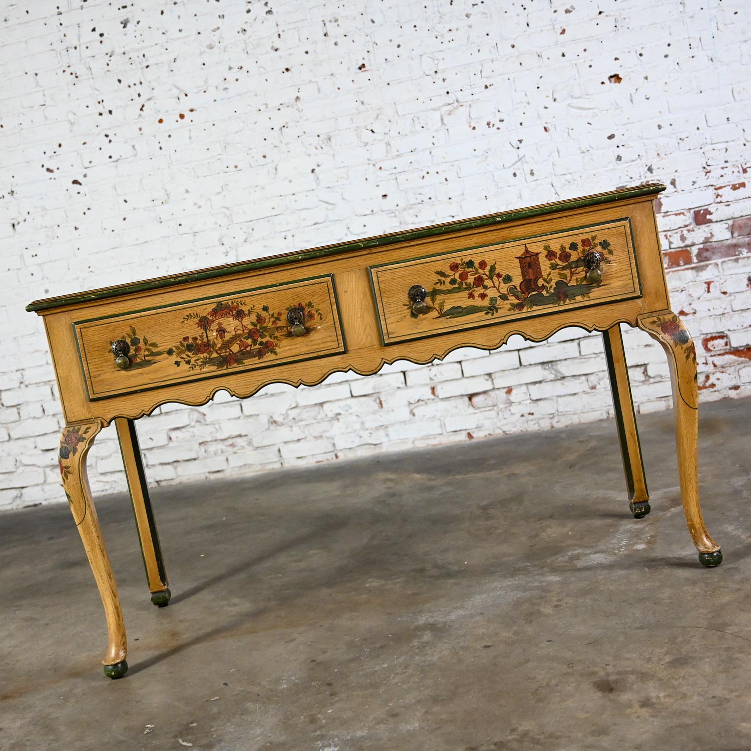 Hand-Painted Antique Chinoiserie Hunt Style Buffet Sideboard Server Hand Painted Cabriole Leg For Sale