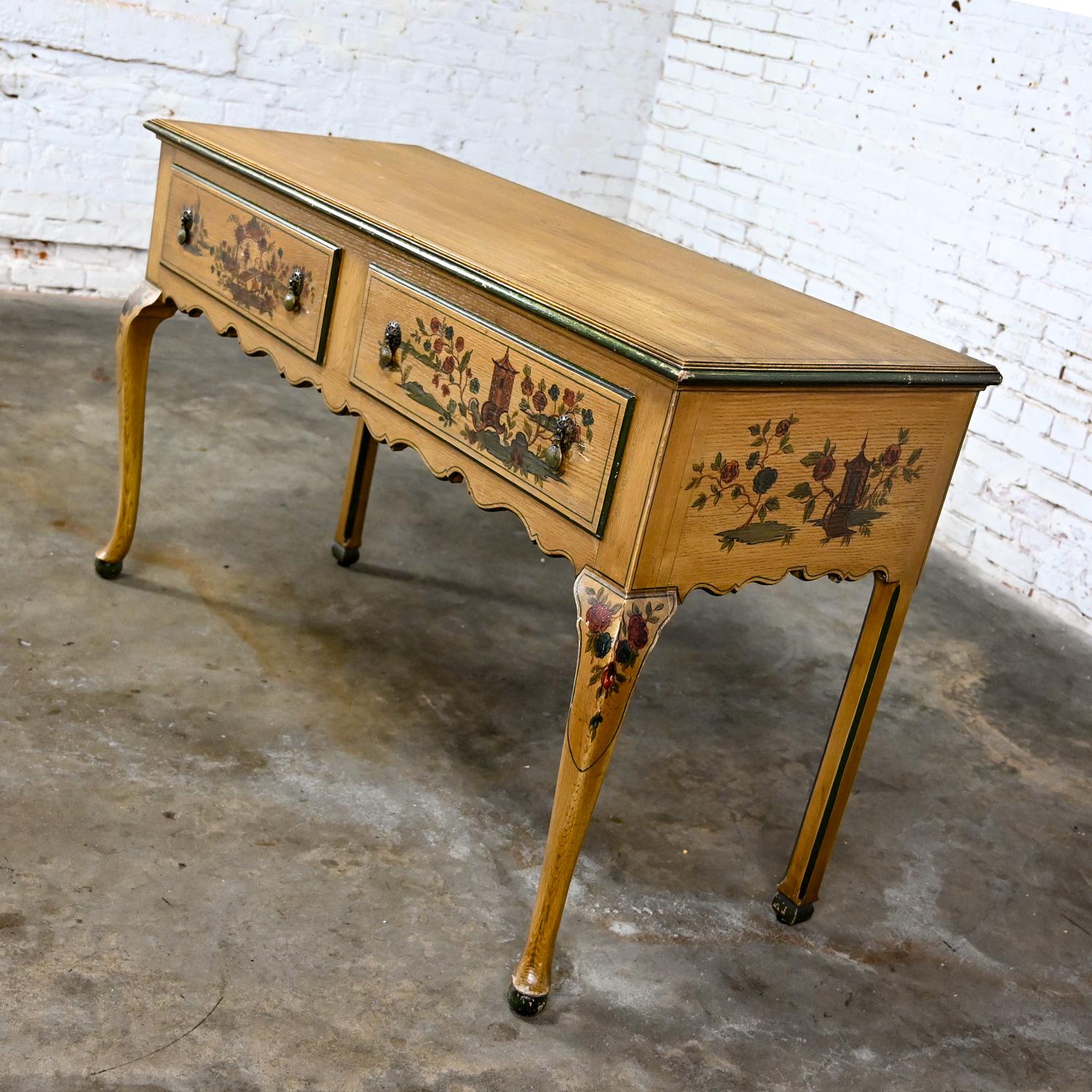 Brass Antique Chinoiserie Hunt Style Buffet Sideboard Server Hand Painted Cabriole Leg For Sale