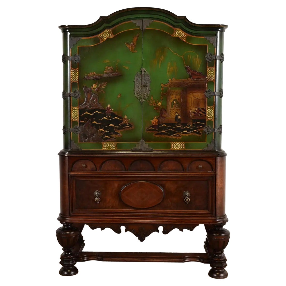 Antique Chinoiserie Jacobean Green Lacquered Hand Painted Bookcase
