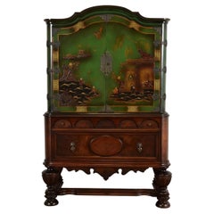 Antique Chinoiserie Jacobean Green Lacquered Hand Painted Bookcase