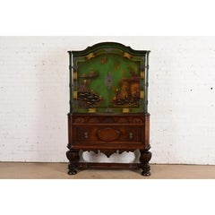 Antique Chinoiserie Jacobean Green Lacquered Hand Painted Bookcase