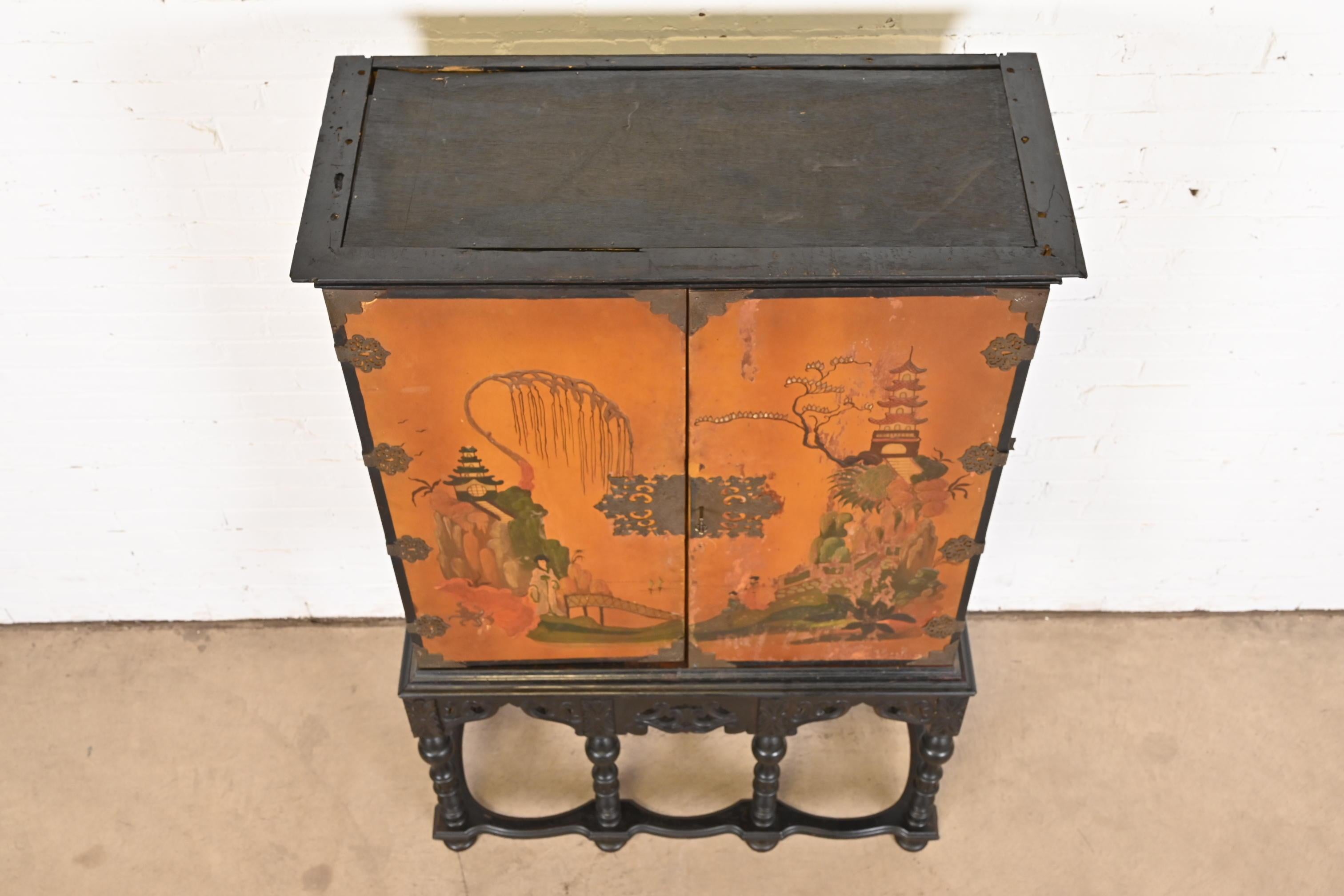 Antique Chinoiserie Jacobean Hand Painted Bookcase or Bar Cabinet, Circa 1900 For Sale 4