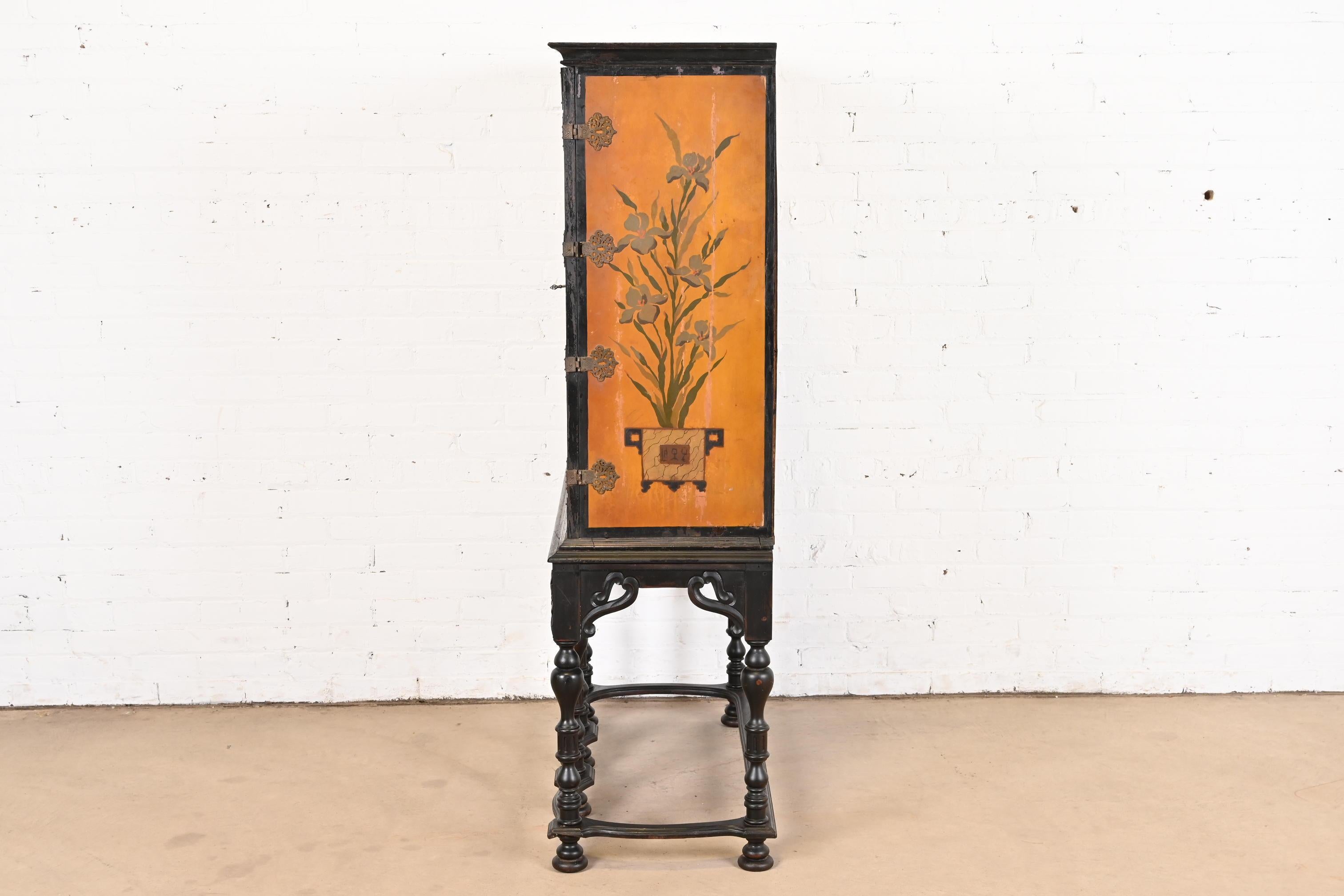 Antique Chinoiserie Jacobean Hand Painted Bookcase or Bar Cabinet, Circa 1900 For Sale 5