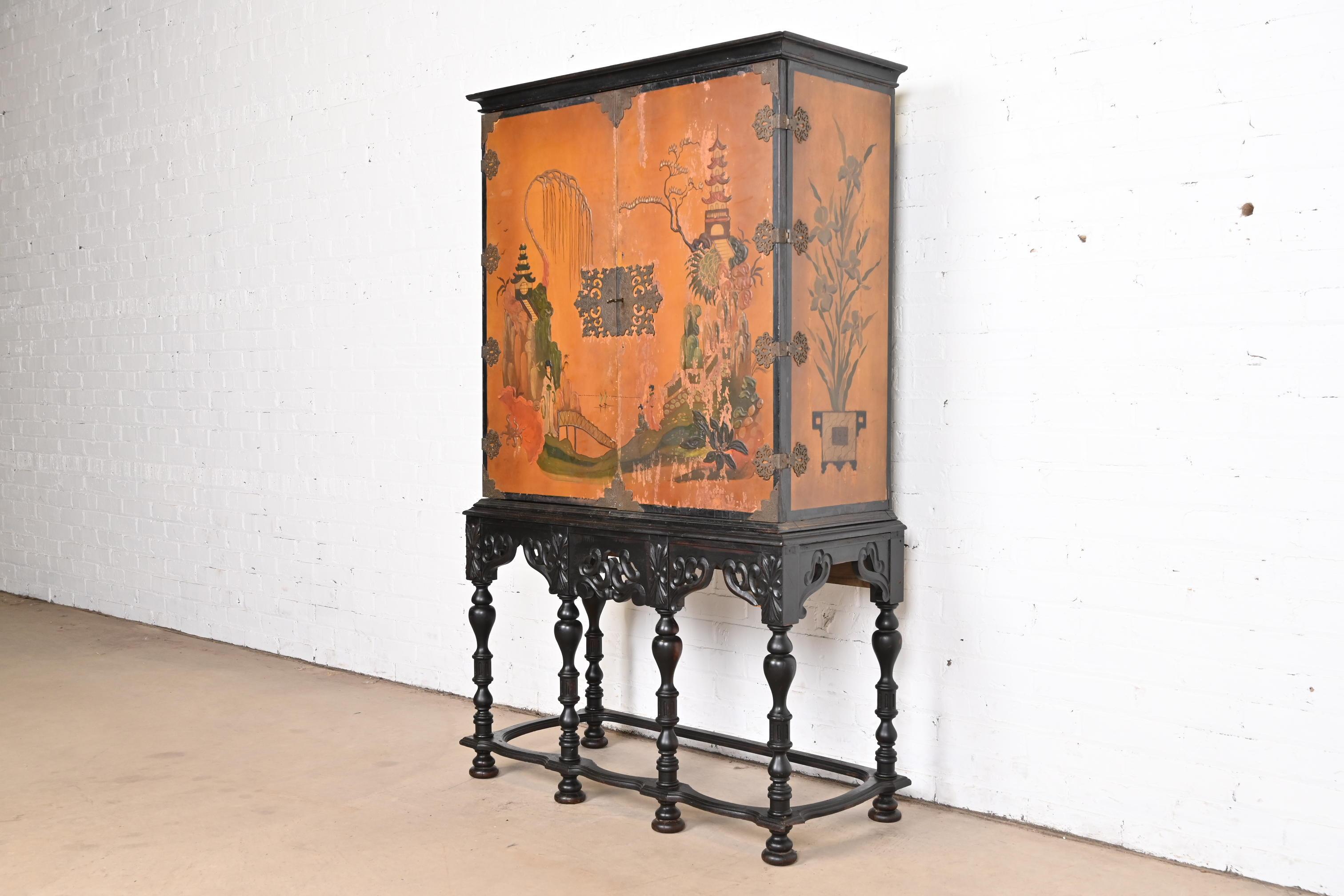 American Antique Chinoiserie Jacobean Hand Painted Bookcase or Bar Cabinet, Circa 1900 For Sale