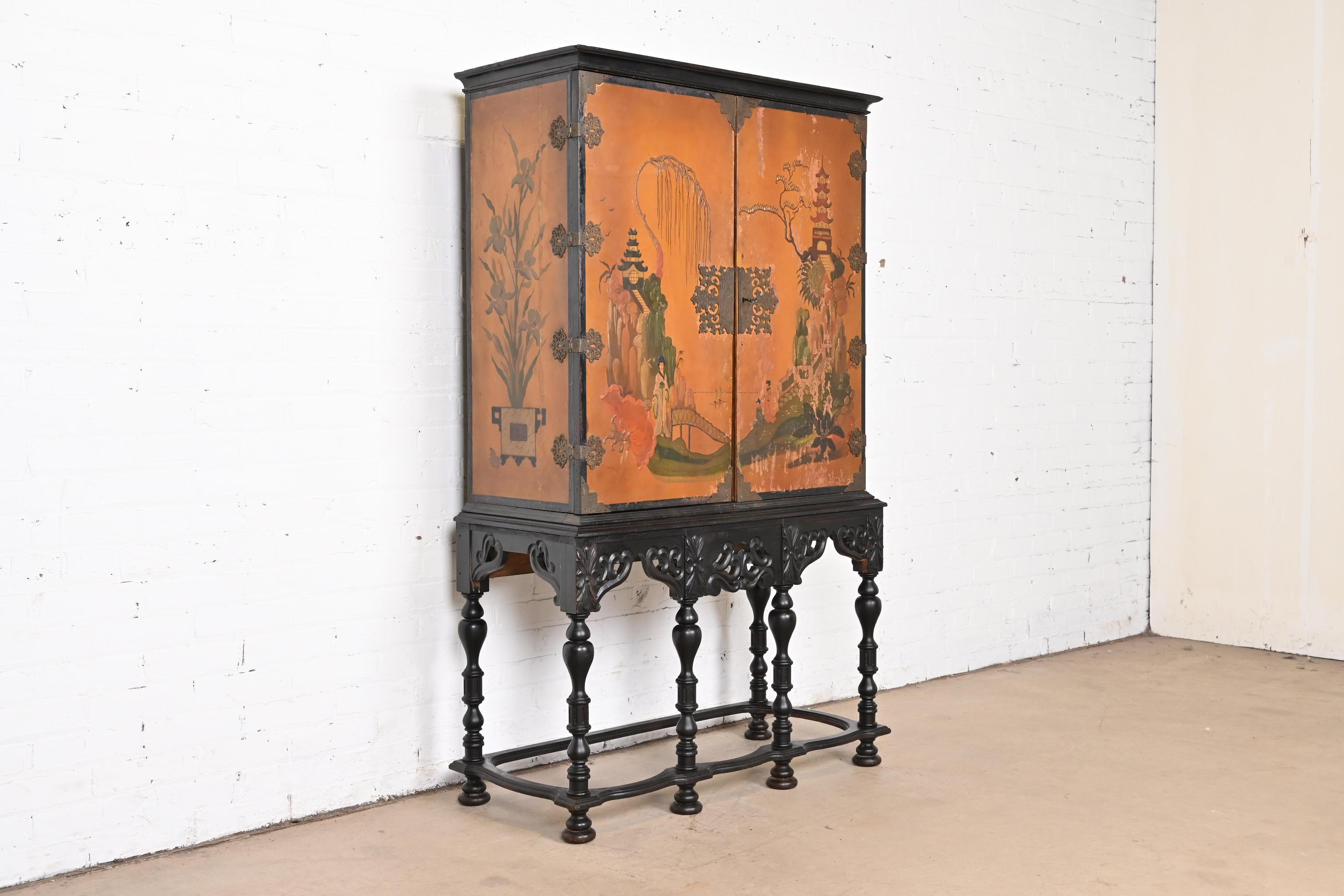 Antique Chinoiserie Jacobean Hand Painted Bookcase or Bar Cabinet, Circa 1900 In Good Condition For Sale In South Bend, IN
