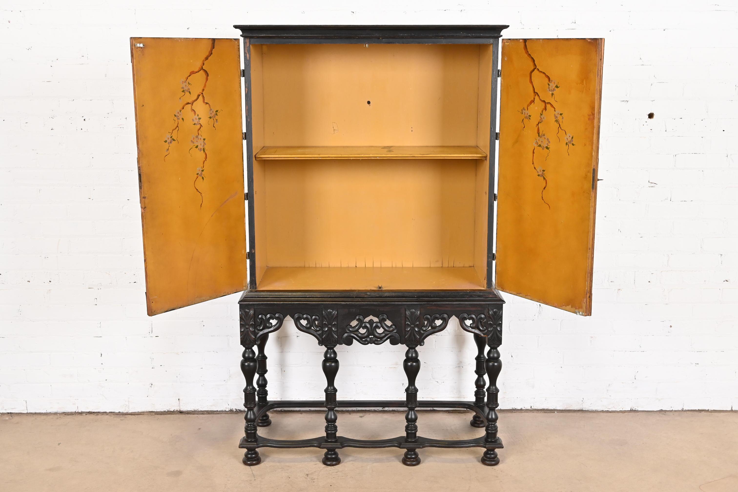 Brass Antique Chinoiserie Jacobean Hand Painted Bookcase or Bar Cabinet, Circa 1900 For Sale