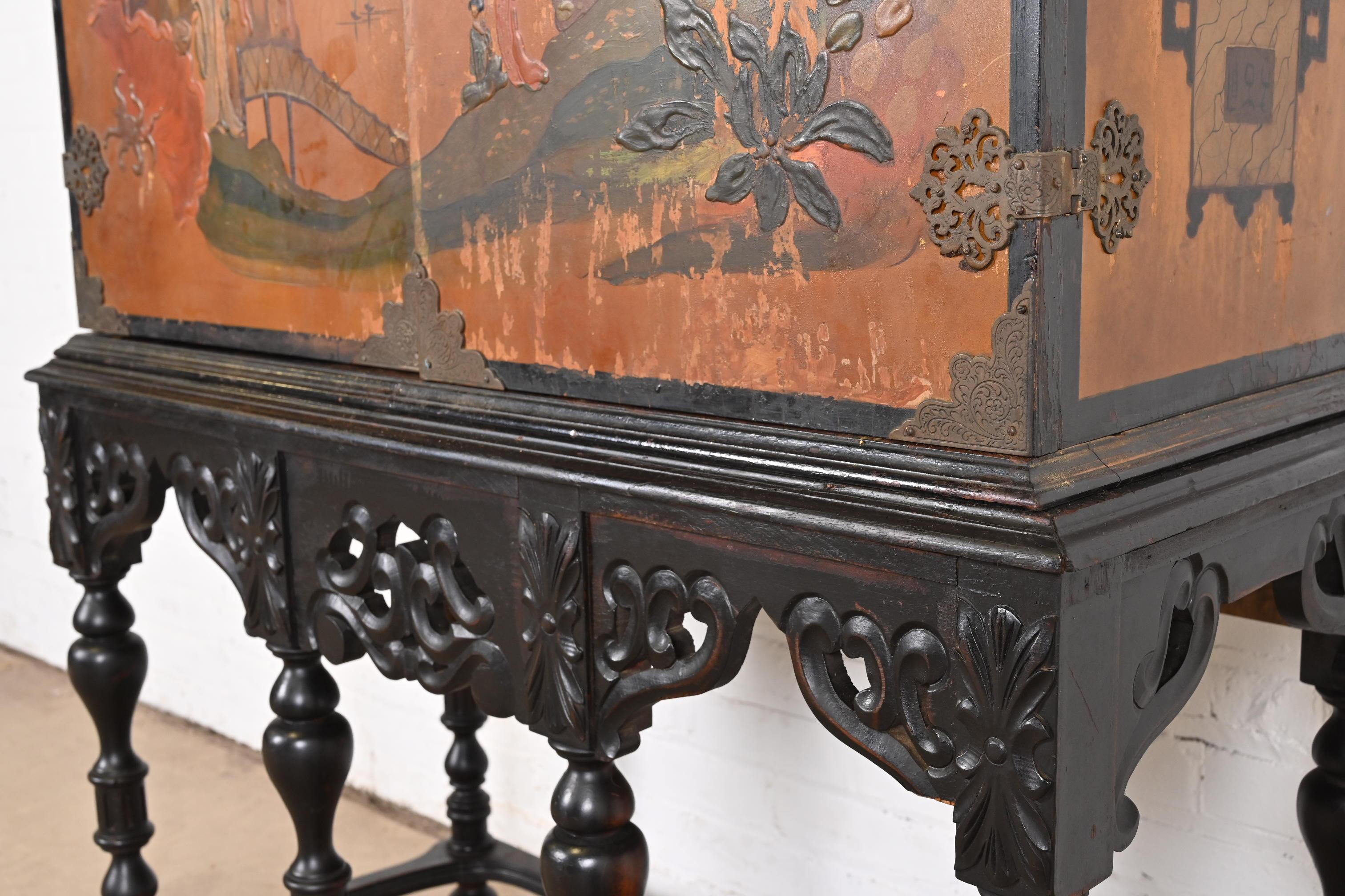 Antique Chinoiserie Jacobean Hand Painted Bookcase or Bar Cabinet, Circa 1900 For Sale 2
