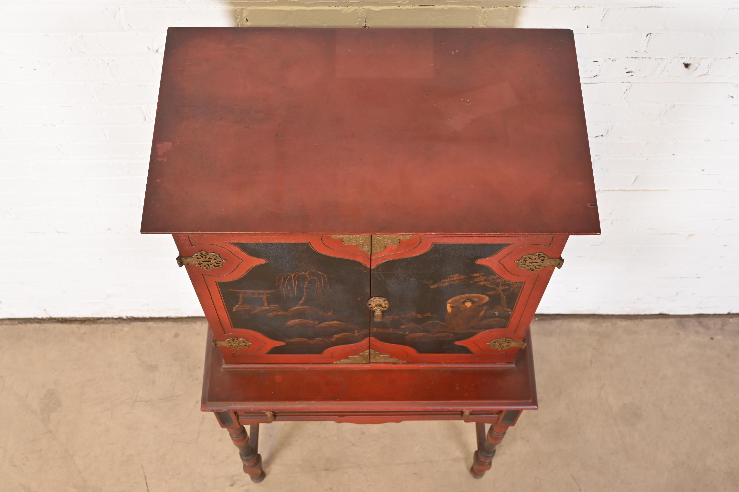 Antique Chinoiserie Jacobean Red Lacquered Hand Painted Bookcase or Bar Cabinet For Sale 7