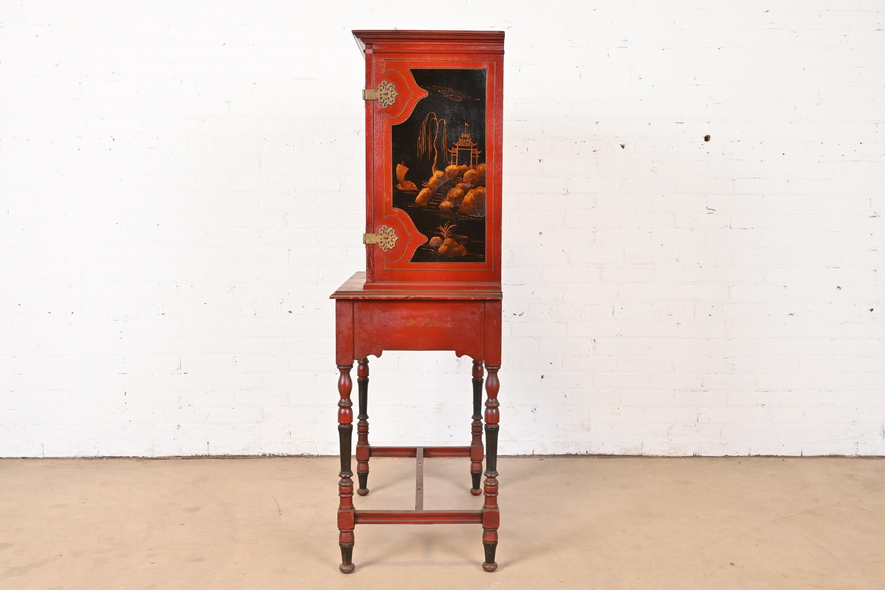 Antique Chinoiserie Jacobean Red Lacquered Hand Painted Bookcase or Bar Cabinet For Sale 8