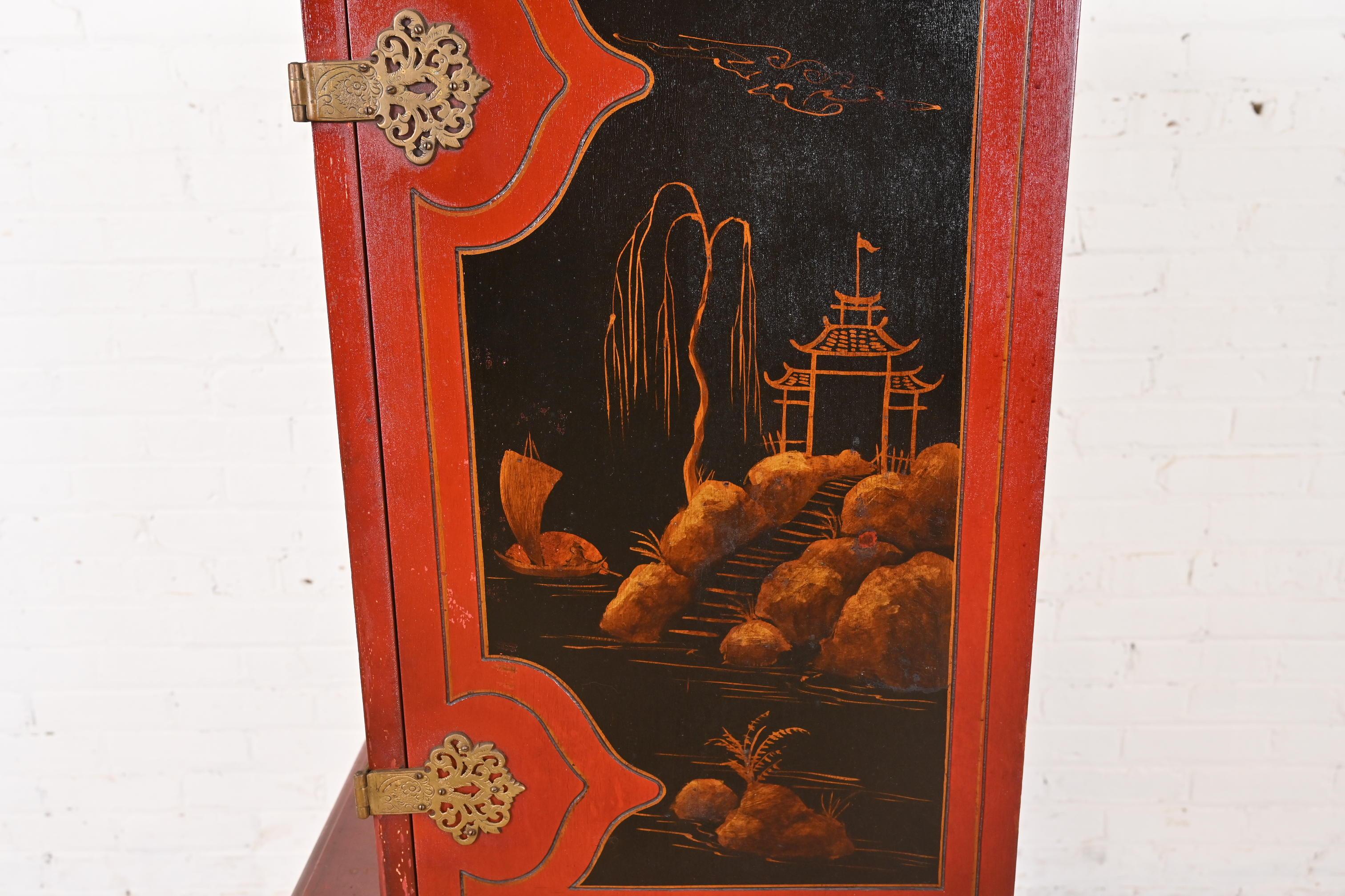 Antique Chinoiserie Jacobean Red Lacquered Hand Painted Bookcase or Bar Cabinet For Sale 9