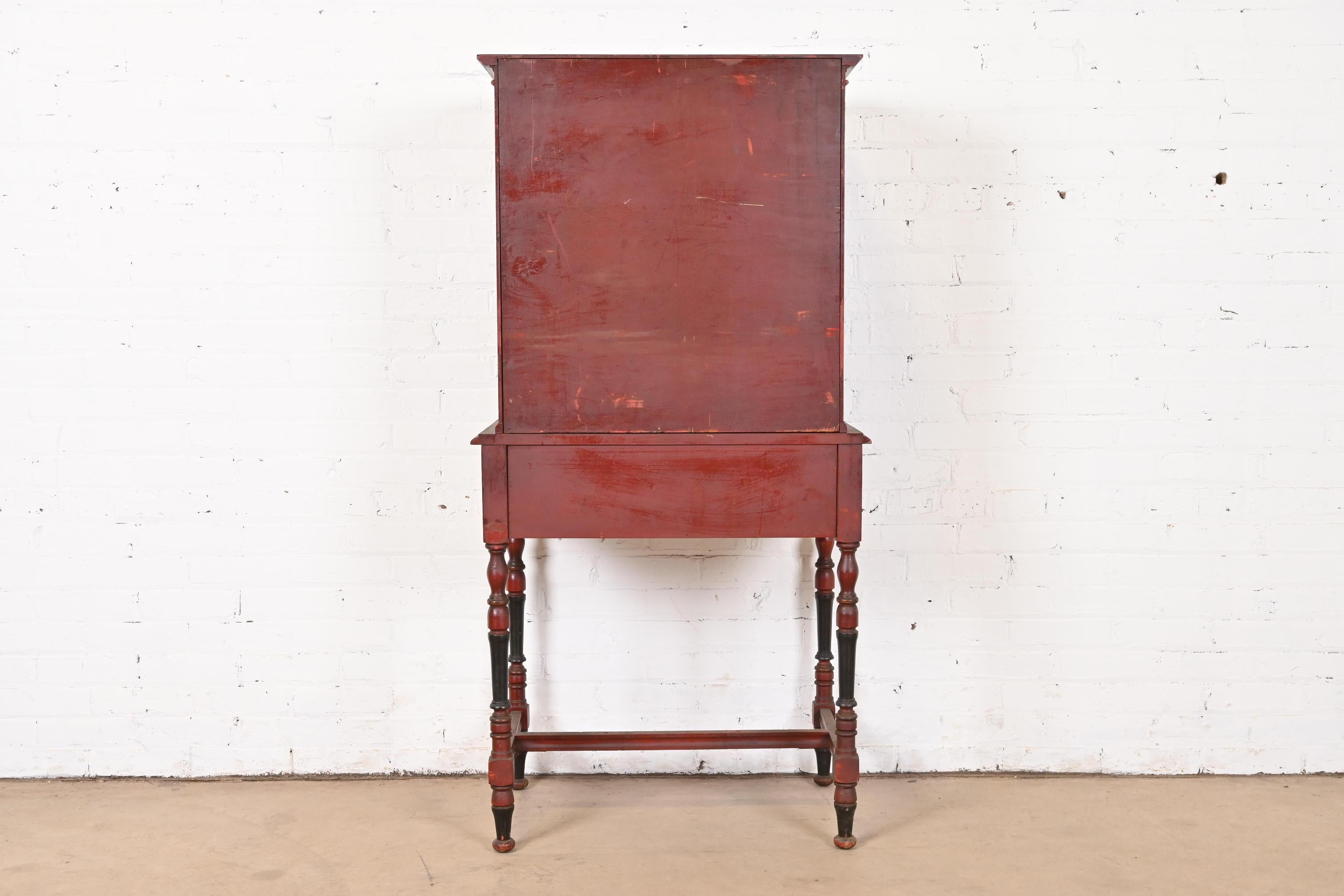 Antique Chinoiserie Jacobean Red Lacquered Hand Painted Bookcase or Bar Cabinet For Sale 10