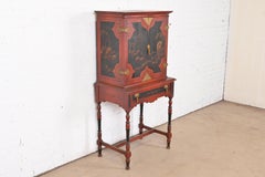 Antique Chinoiserie Jacobean Red Lacquered Hand Painted Bookcase or Bar Cabinet