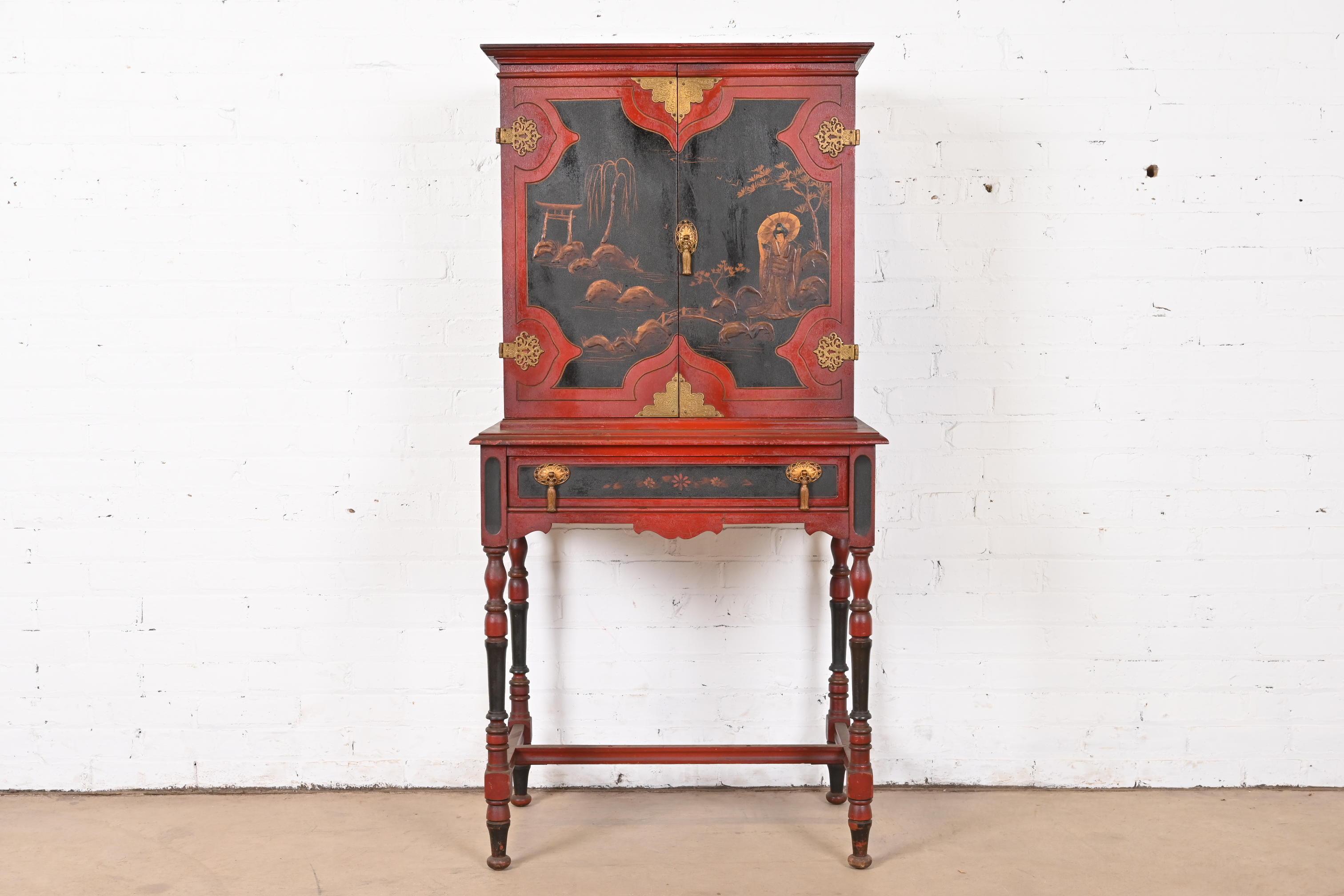 American Antique Chinoiserie Jacobean Red Lacquered Hand Painted Bookcase or Bar Cabinet For Sale