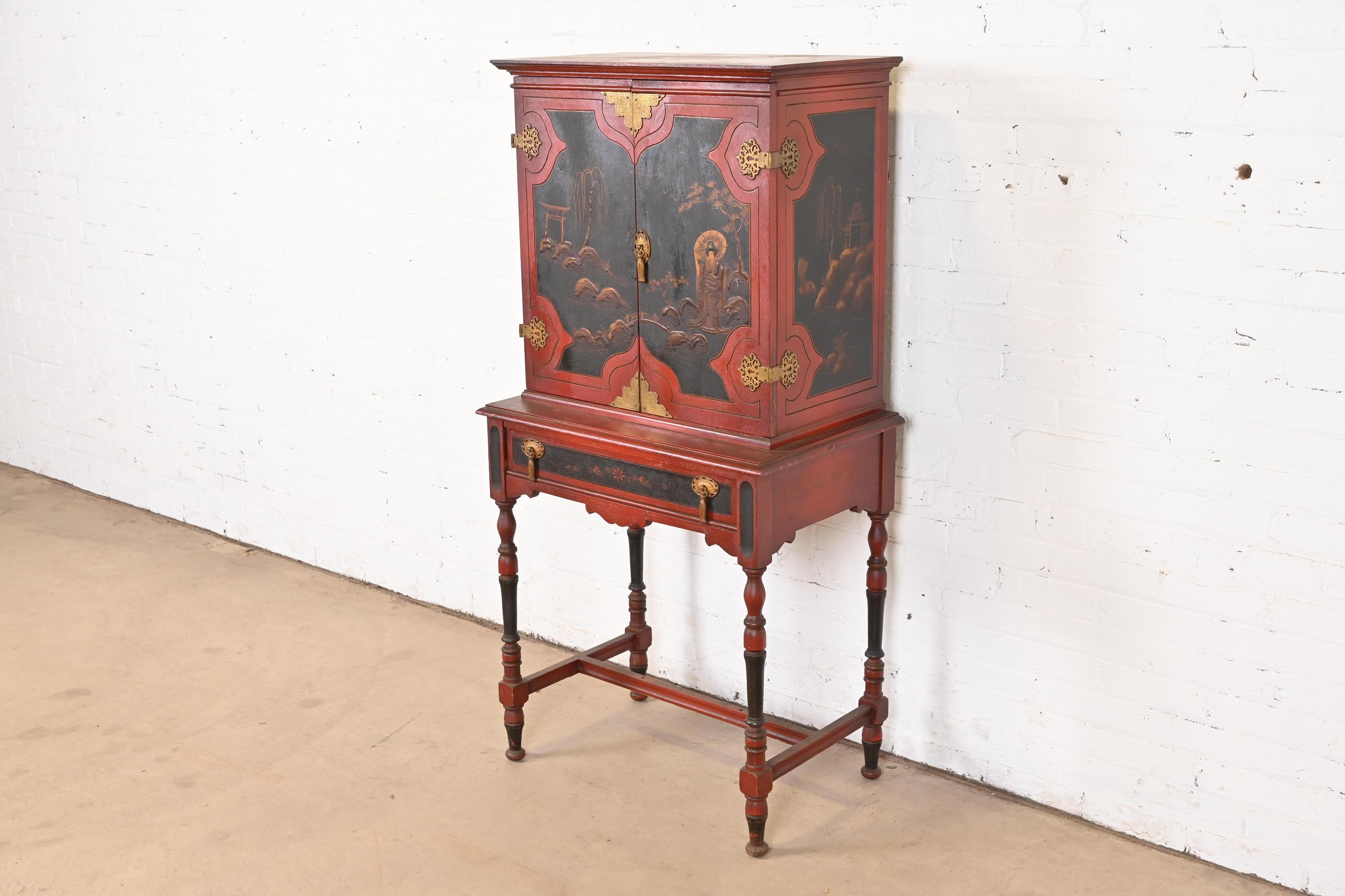 Antique Chinoiserie Jacobean Red Lacquered Hand Painted Bookcase or Bar Cabinet In Good Condition For Sale In South Bend, IN