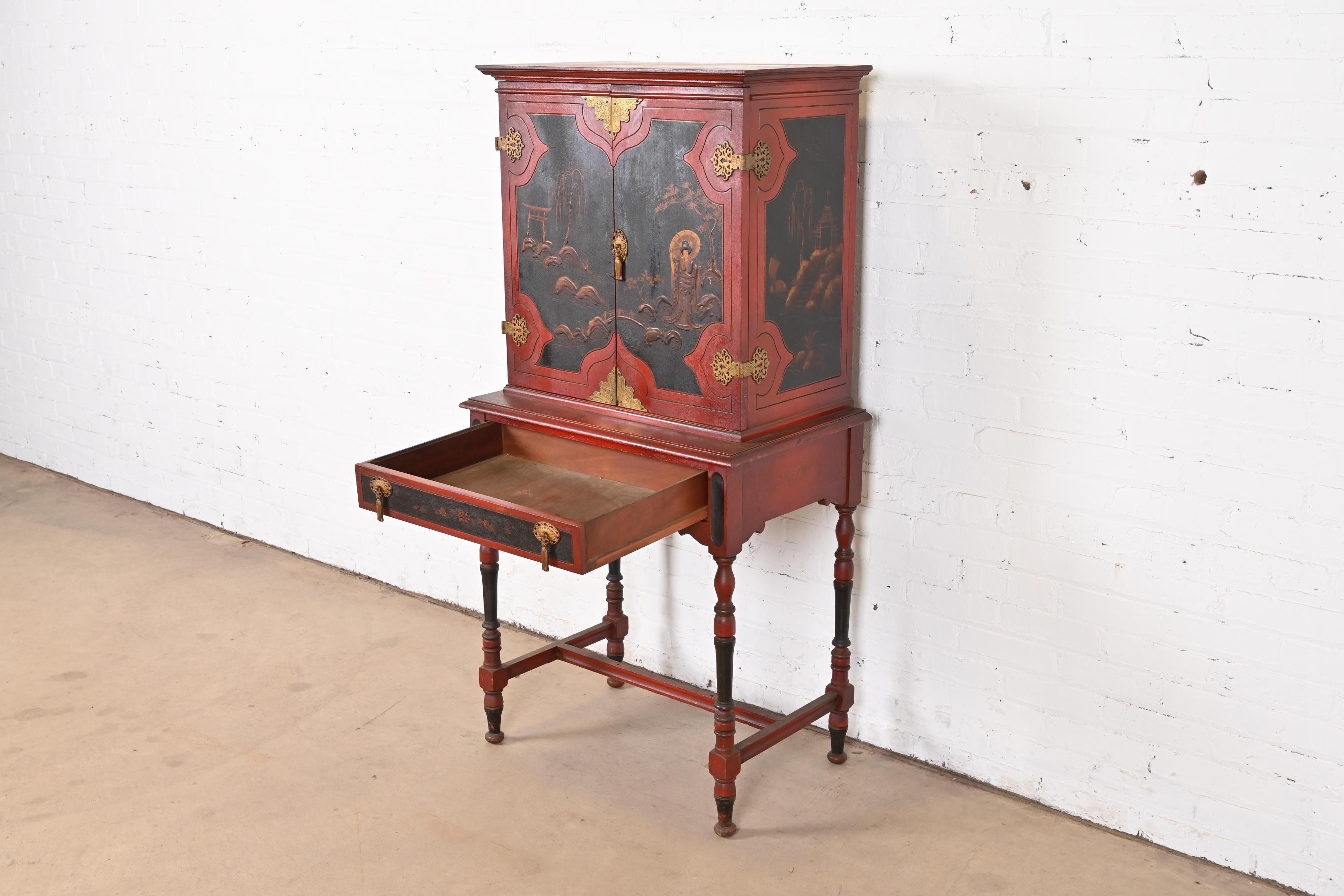 Early 20th Century Antique Chinoiserie Jacobean Red Lacquered Hand Painted Bookcase or Bar Cabinet For Sale
