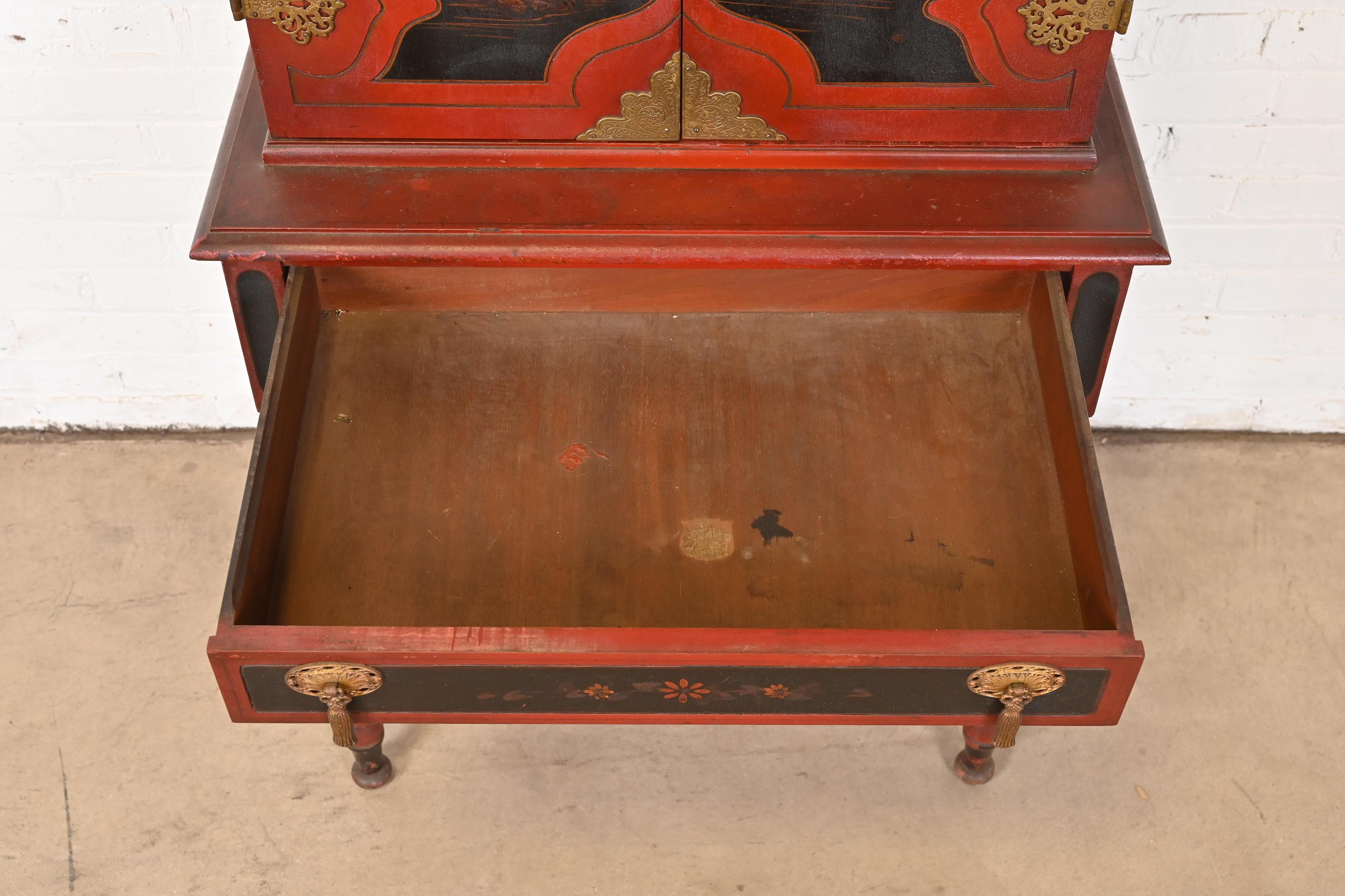 Brass Antique Chinoiserie Jacobean Red Lacquered Hand Painted Bookcase or Bar Cabinet For Sale