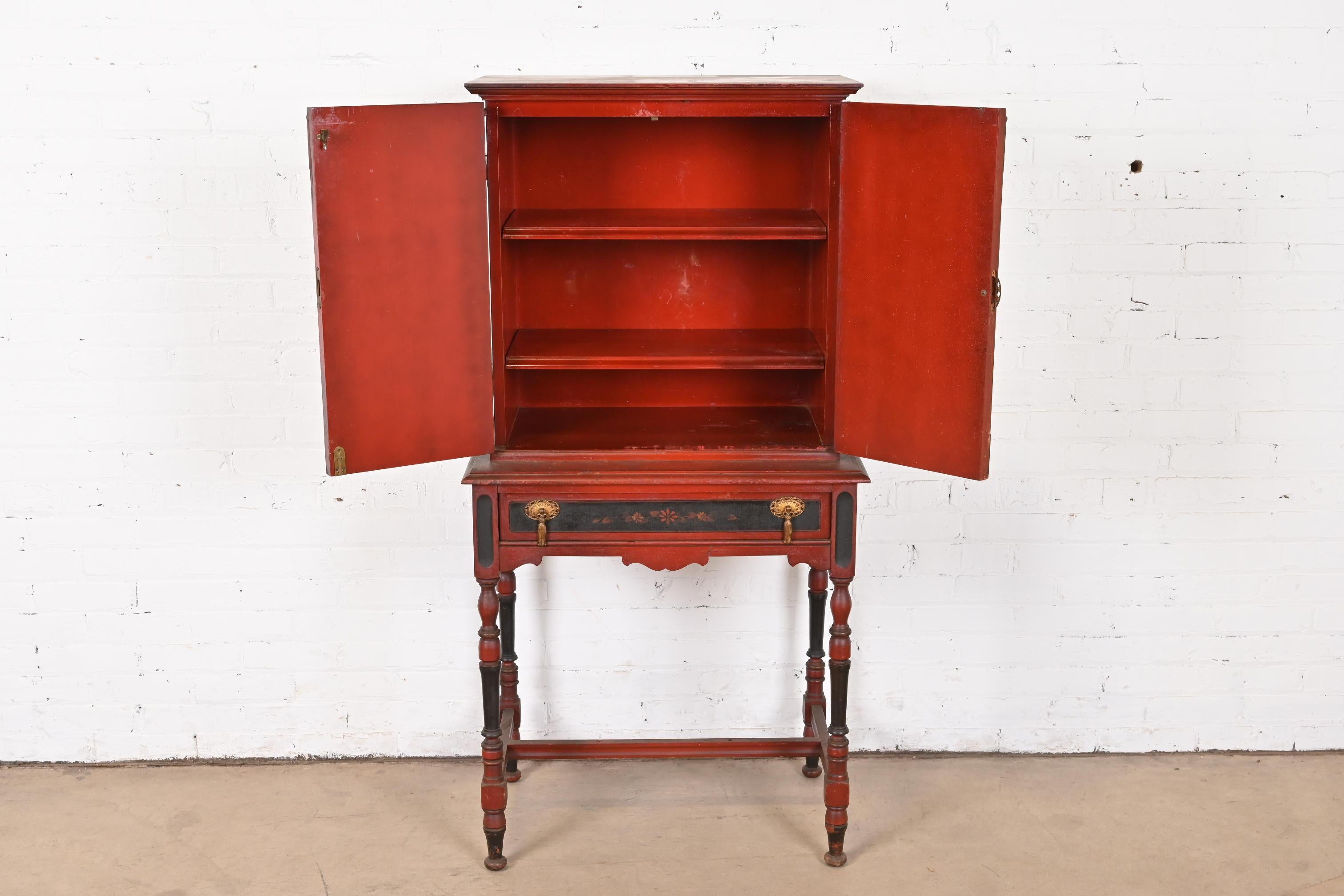 Antique Chinoiserie Jacobean Red Lacquered Hand Painted Bookcase or Bar Cabinet For Sale 1