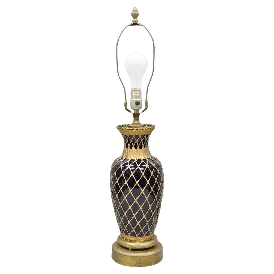 Antique Chinoiserie Japanese Cobalt Blue Porcelain Vase Brass Lattice Table Lamp For Sale