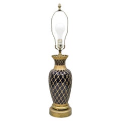 Antique Chinoiserie Japanese Cobalt Blue Porcelain Vase Brass Lattice Table Lamp