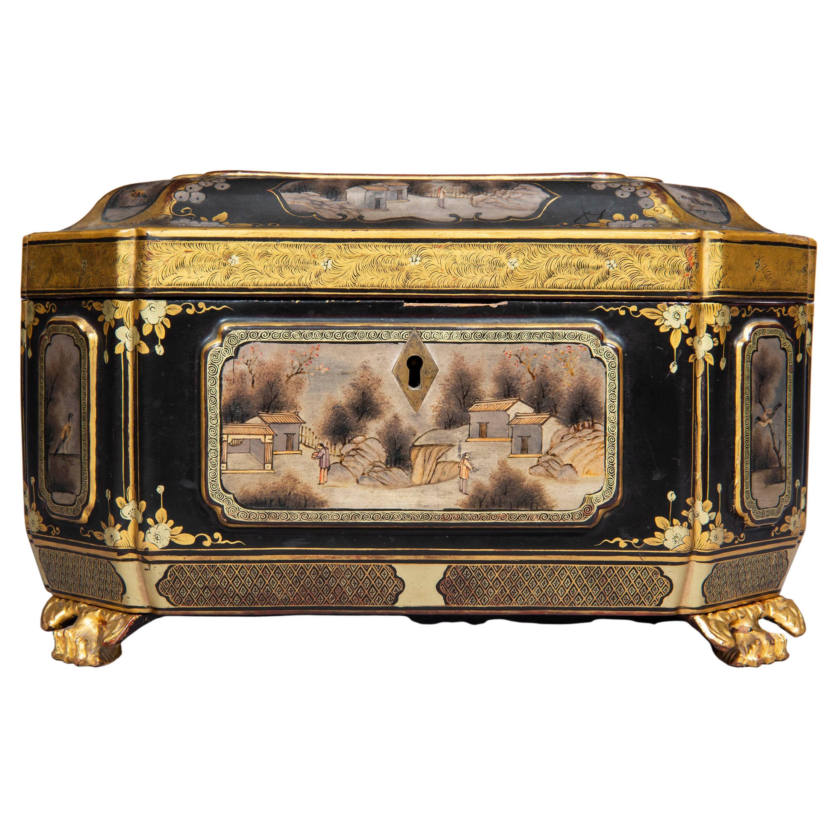 Antique Chinoiserie Lacquer Box or Tea Caddy, Early 19th Century