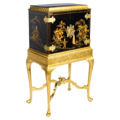 Antique Chinoiserie Lacquer Cabinet on Giltwood Stand Early 20th Century