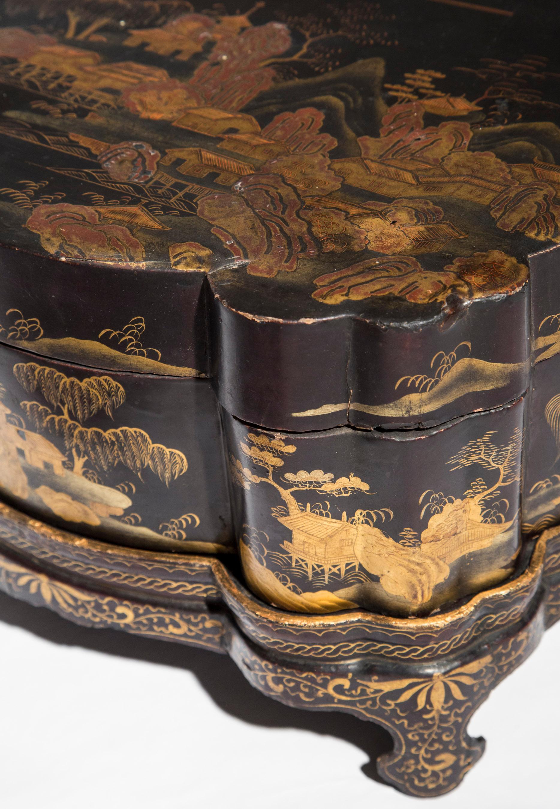 Antique Chinoiserie Lacquer Jewelry Box on Tray, 19th Century 1