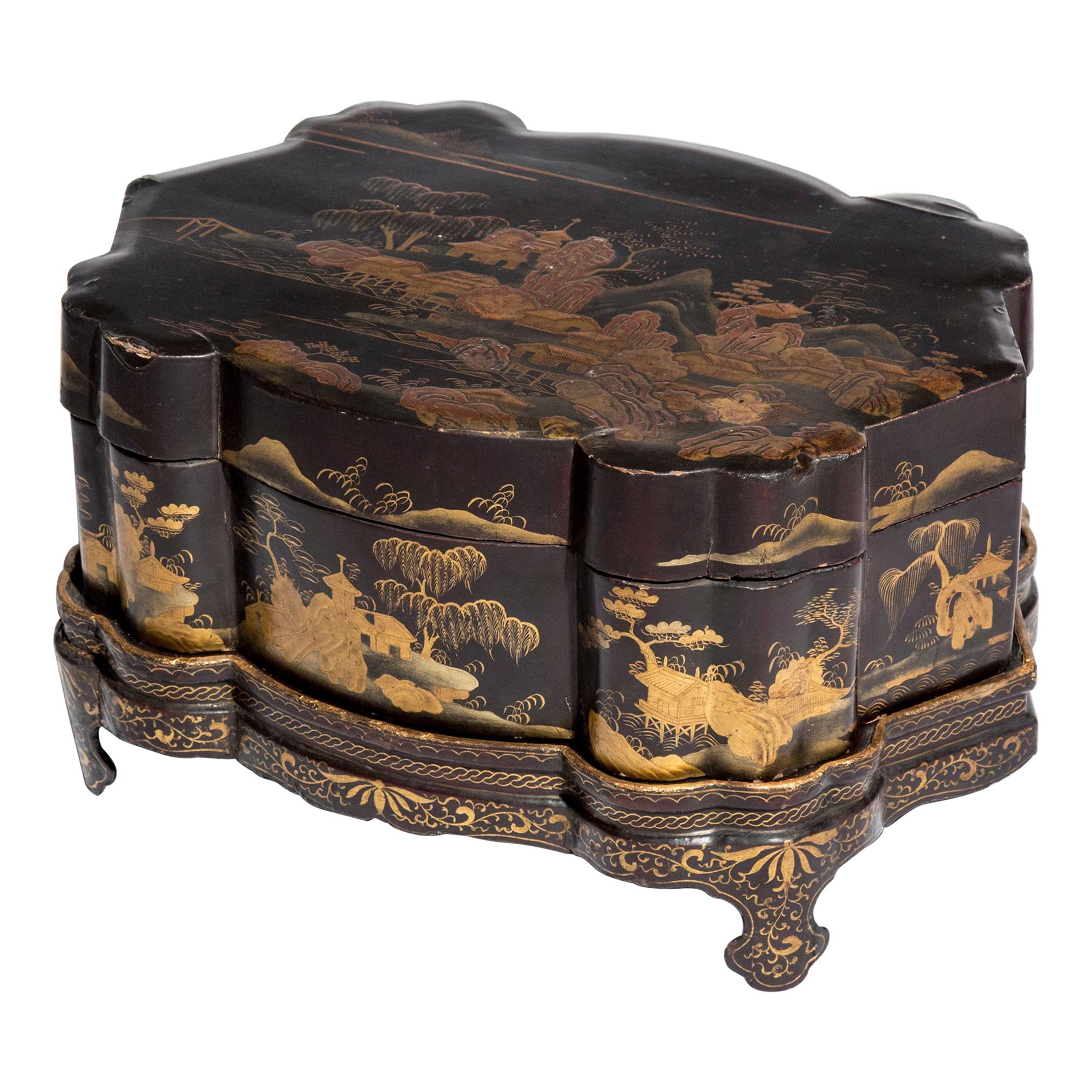 Antique Chinoiserie Lacquer Jewelry Box on Tray, 19th Century